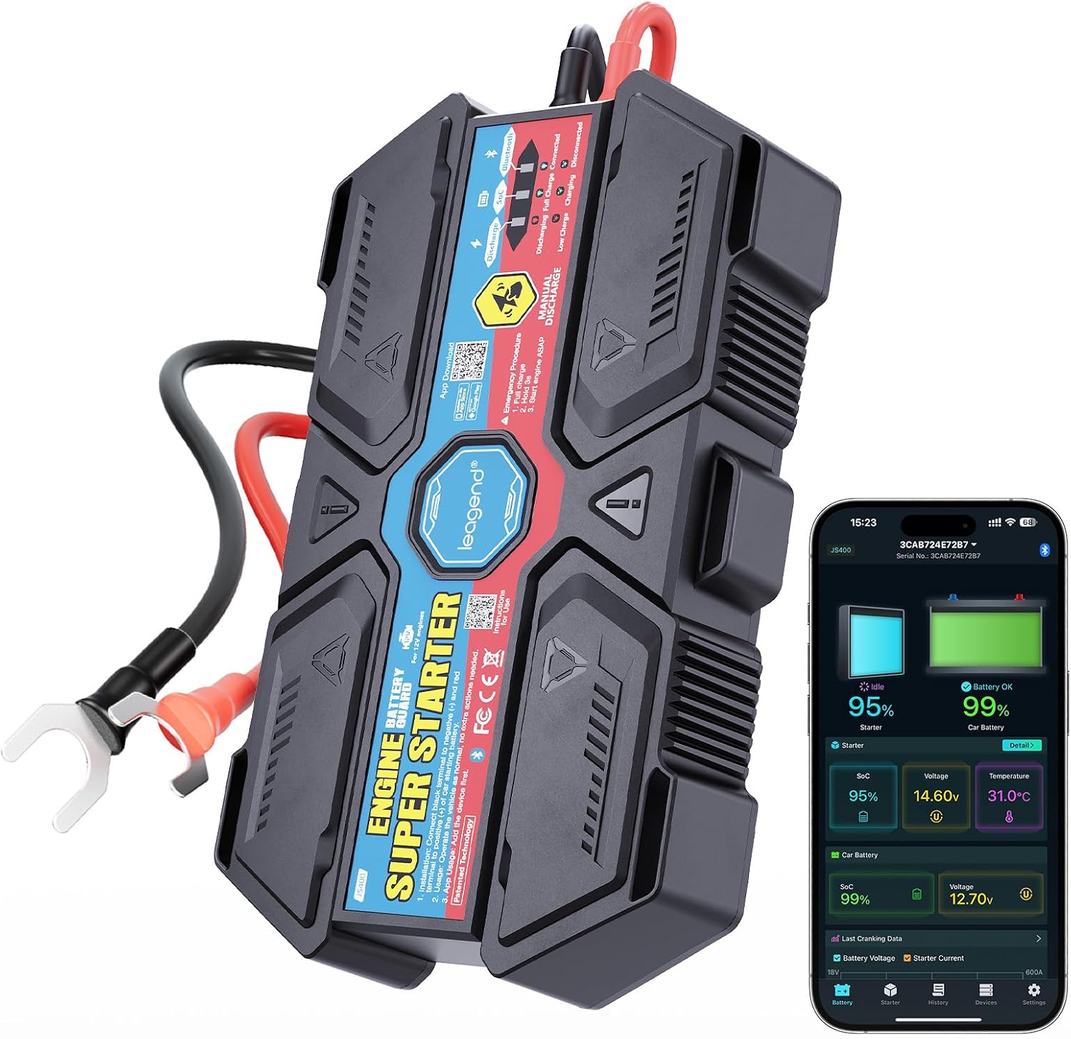 Permanent Mount Super Capacitor Jump Starter - 1300A, Batteryless & No Pre-Charge, 3-10min Fast Charge, App Monitoring, IP65 Waterproof for 12V Passenger & Commercial Cars (-40°F to 176°F)