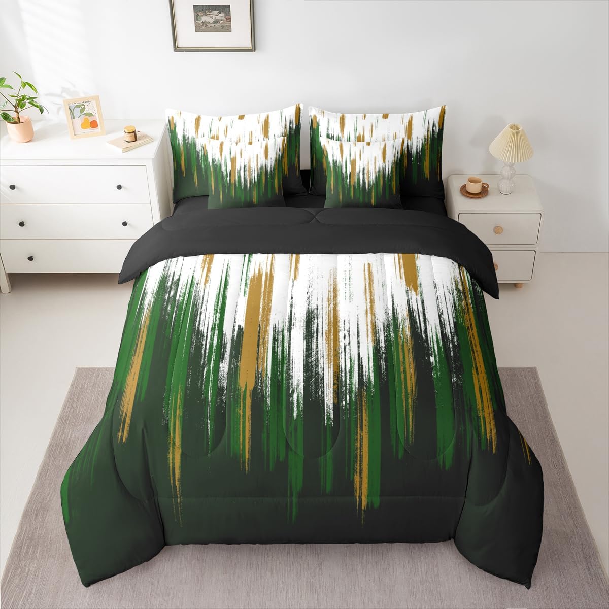 Erosebridal Dark Green Queen Comforter Set 7 Piece for Kids Adults,Modern Oil Painting Abstract Bedding Set Green White Yellow Brush Strokes Graffiti Art Bed in A Bag with Sheets Chic Vintage Bed Set