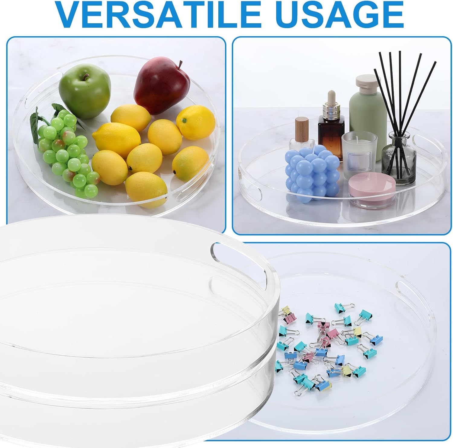 2 Pcs Acrylic Round Tray with Handles Sturdy Clear Round Serving Decorative Circle Tray for Kitchen Bathroom Vanity Coffee Table Ottoman Food Tea Snacks (11.8 Inch)