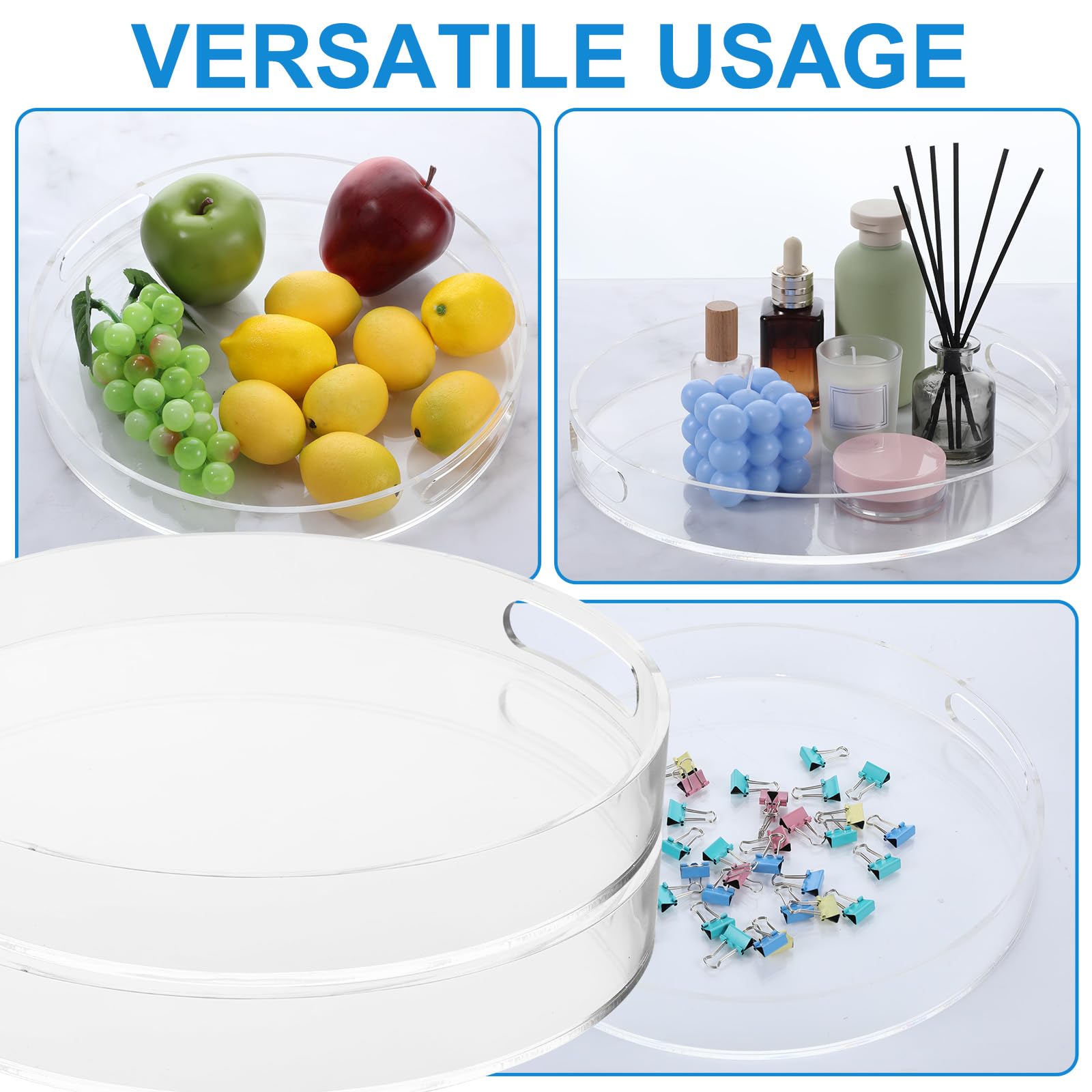 2 vassoi rotondi in acrilico con manici, resistenti, trasparenti, rotondi, decorativi, per cucina, bagno, tavolino, caffè, cibo, tè, snack (30 cm)