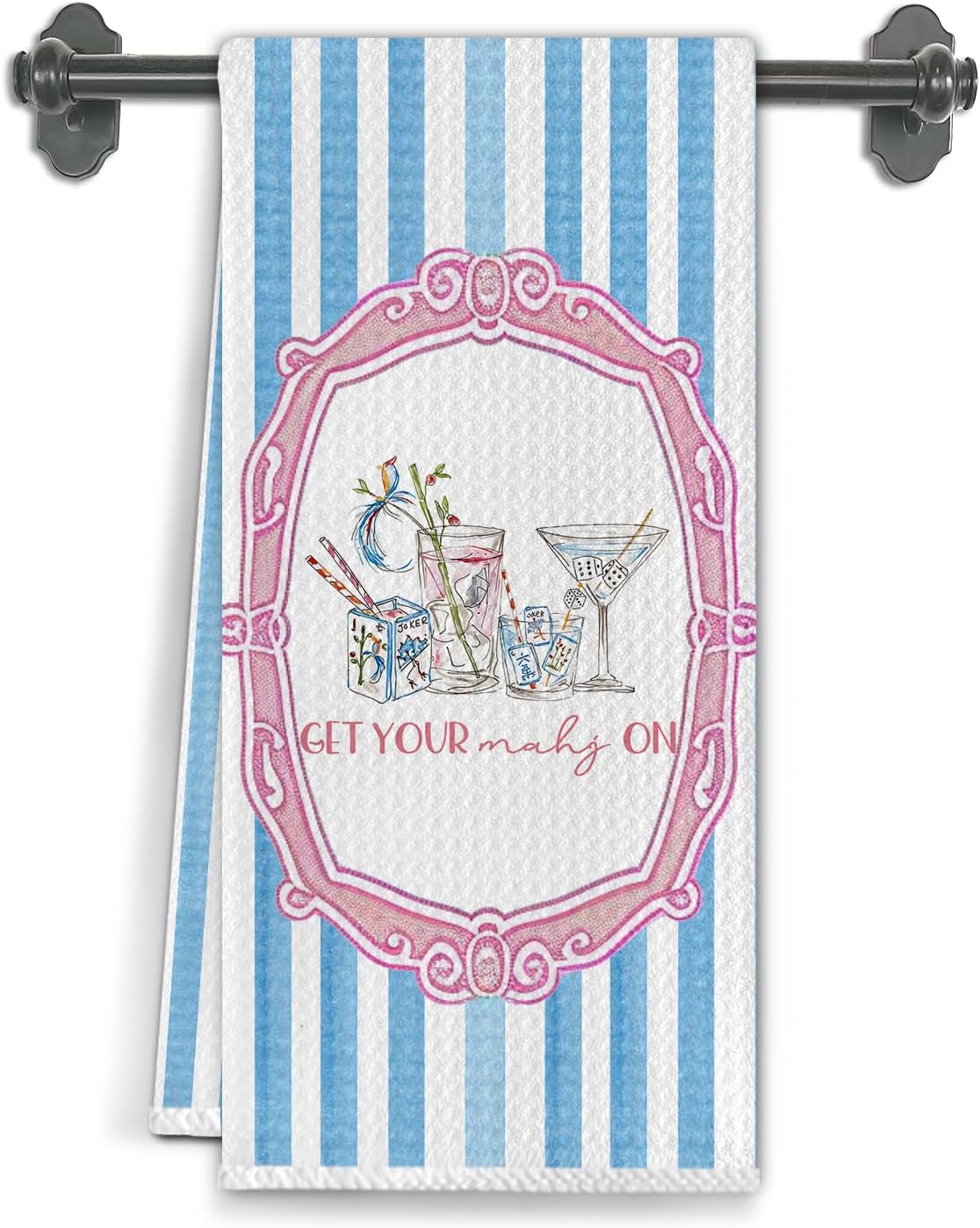 Mahjong Cocktail Kitchen Towels,Gifts for Cocktail Lovers Dish Tea Towels,Mahjong Player Lover Gifts Decorative Hand Towel for Kitchen Bar Pub,Blue Striped Pink Coastal Decor,16x24 Inch