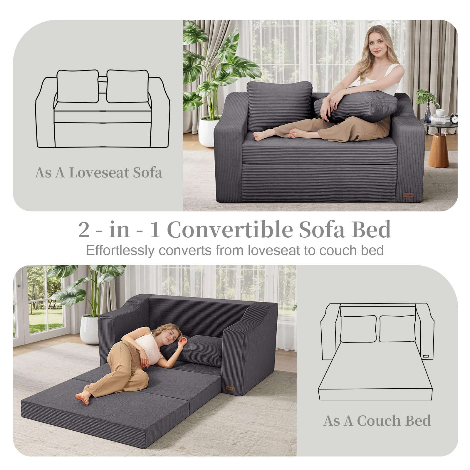 MeMoreCool Canapé-lit convertible, canapé sans os en velours côtelé avec oreillers, housse amovible et lavable, lit d'appoint pliable sans assemblage, pour appartements et chambres à coucher, gris