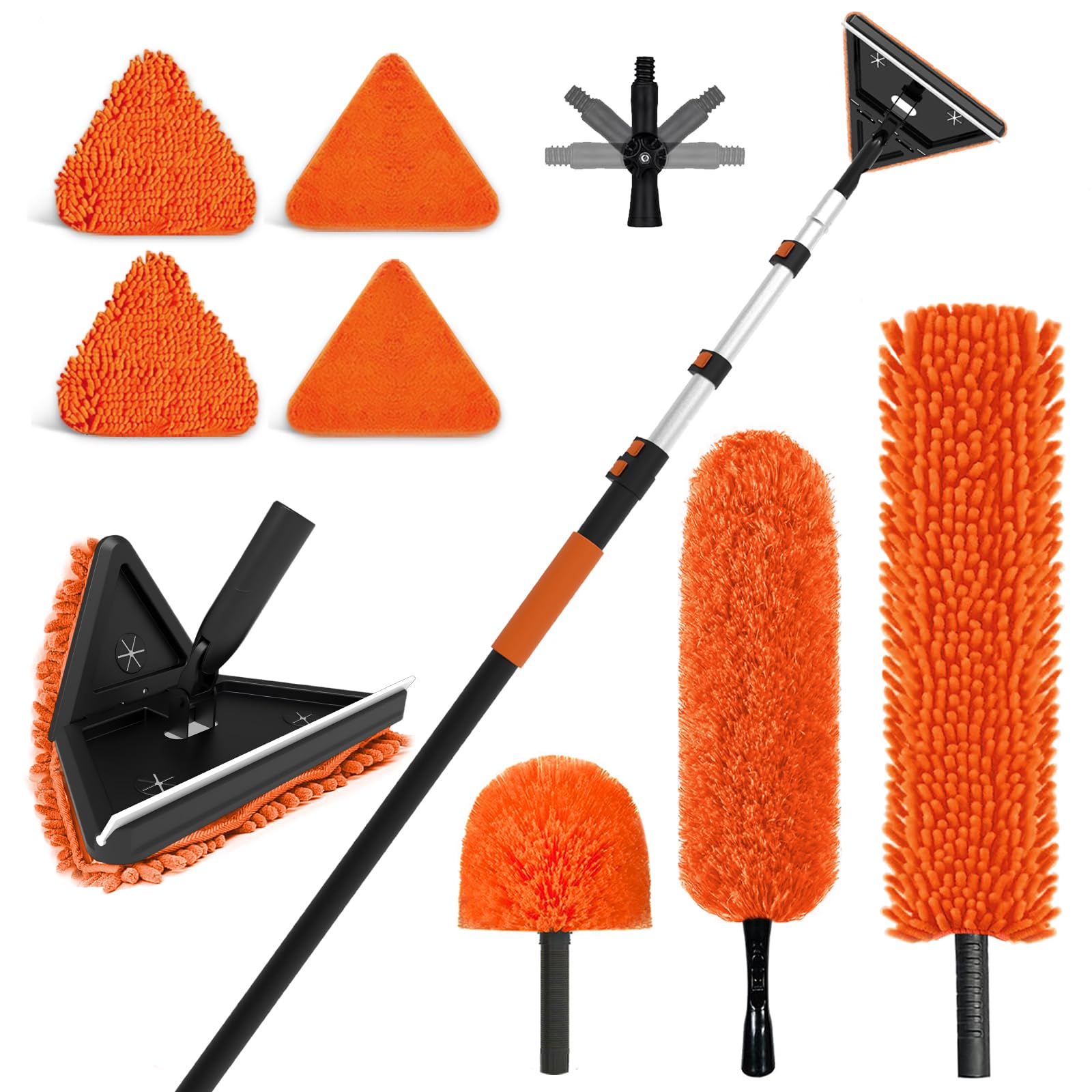 Sisupassie Orange 9M Extendable Feather Duster Kit, Long Handled Wall & Window Cleaner Kit With Professional Extendable Pole, Long Reach Washable Duster For Cleaning Windows Cobwebs Ceilings Fans