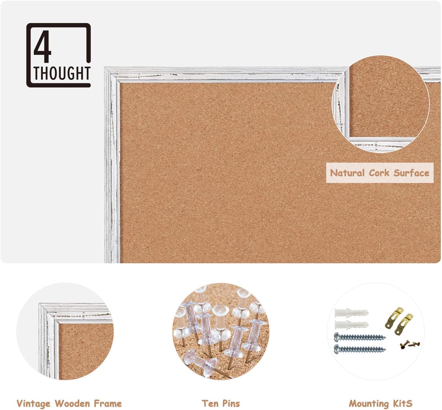 4 THOUGHT Cork Bulletin Board Push Pin Board for Wall, 48 x 36 Inches Framed Notice Memo Board with Rustic Wooden Frame, Vintage Style, White, 10 Push Pins Included