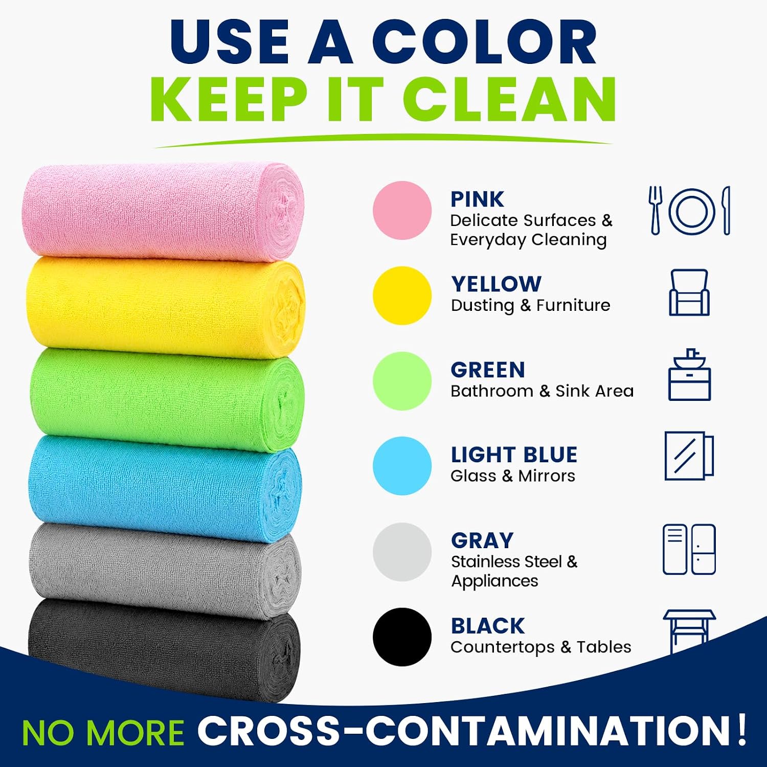 180 Pack Microfiber Cleaning Cloths, 6 Color Box, Reusable Rags