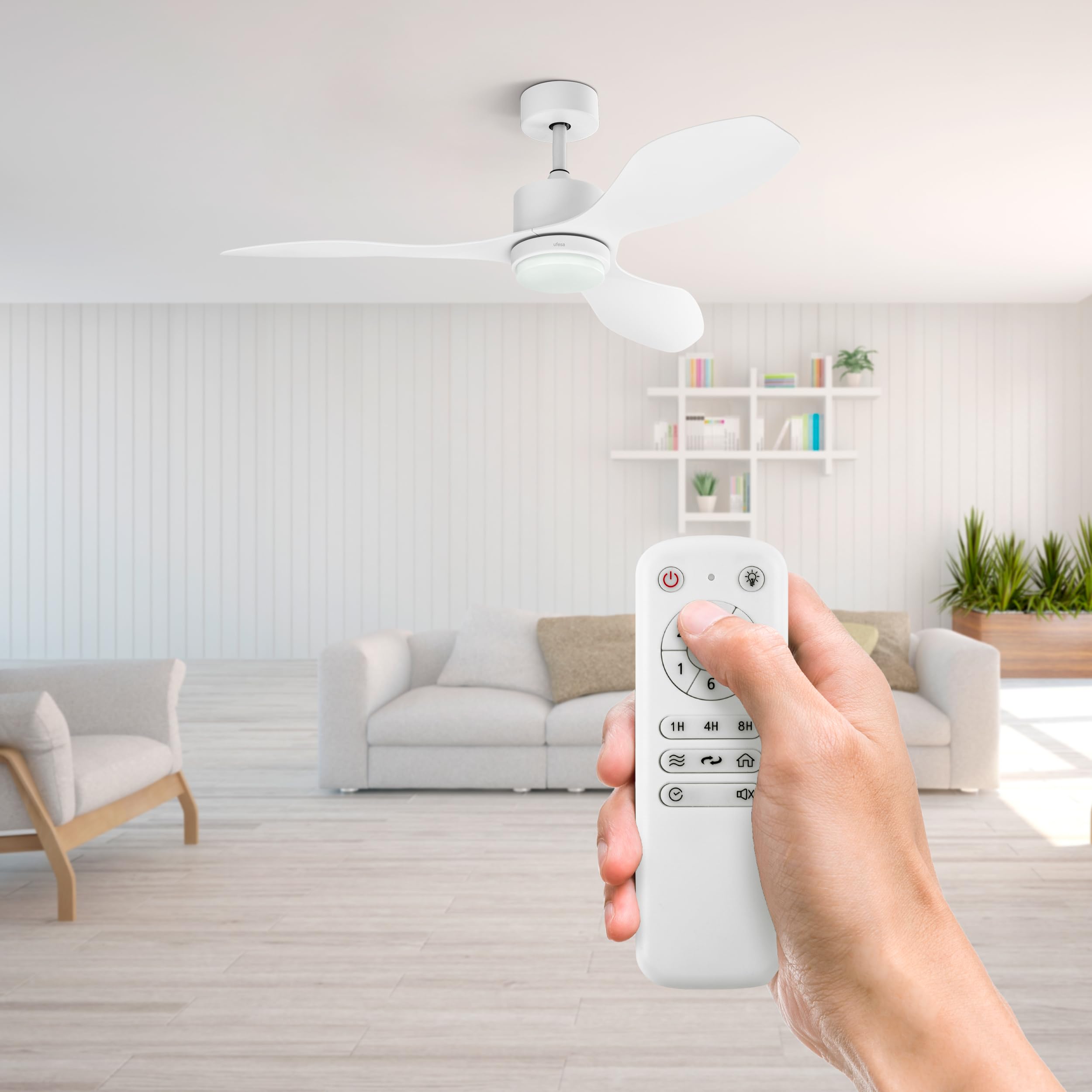 Ufesa Bután Ventilador de Techo con Luz, 30W, 6 Velocidades, Ultra Silencioso, 3 Aspas de 122cm, Función Verano - Invierno, Temporizador 8h, 3 Niveles Luz, Mando a Distancia, Blanco