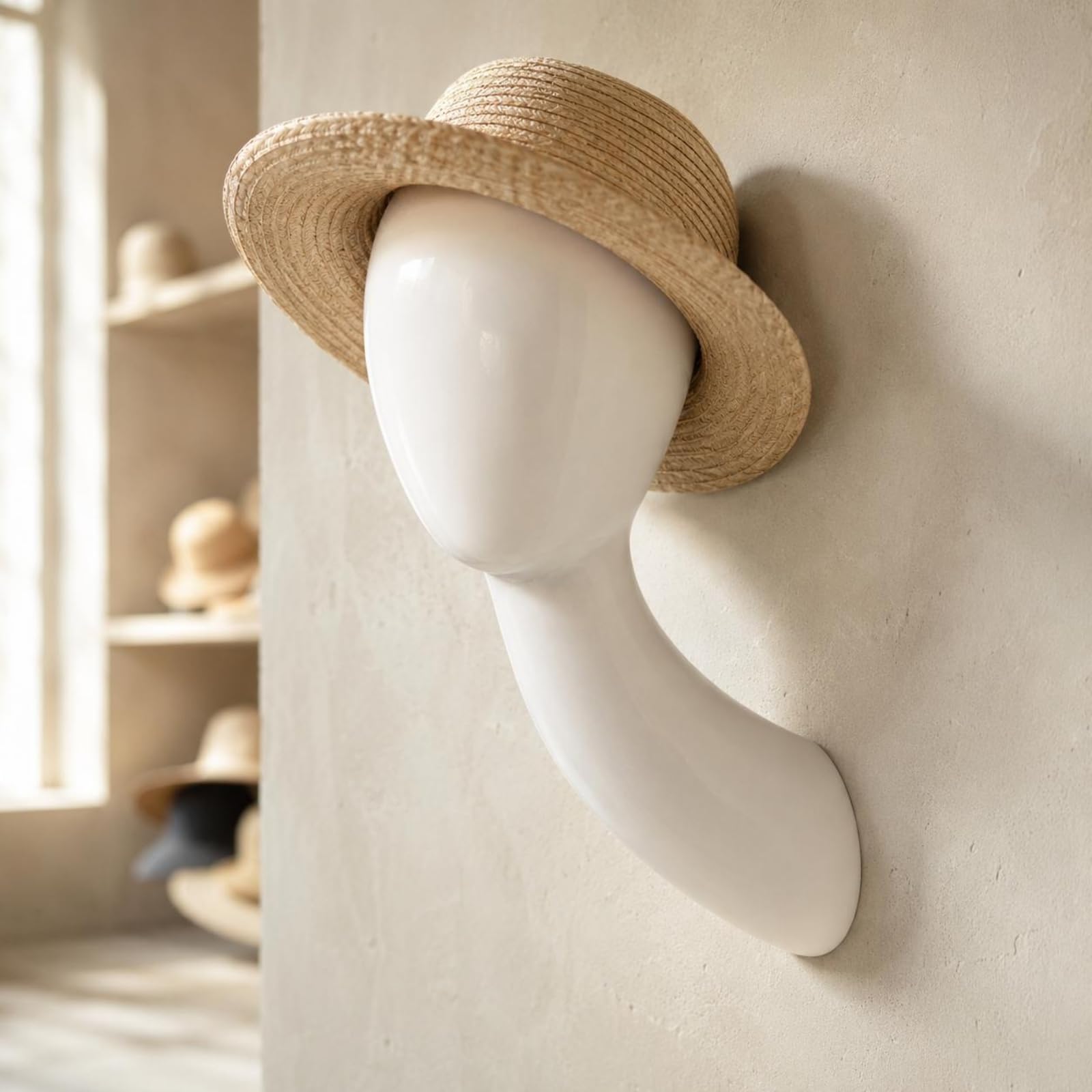 Qianly Testa Manichino Collo Curvo Salvaspazio Testa Manichino Brillante Leggero Espositore Cappelli per Negozio , Bianco