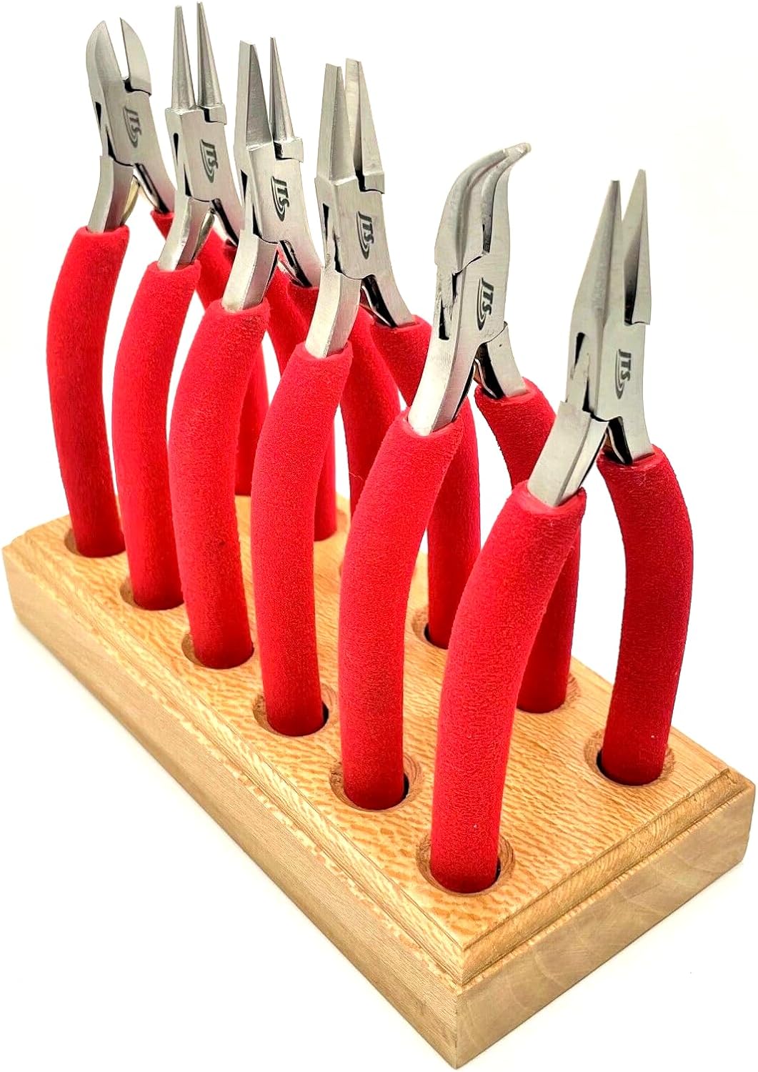 JTS 6pcs jewelry pliers set with Wooden Stand, Jewelry Making Tools with Needle Nose Pliers/Chain Nose/Round Nose/Flat Nose/Bent Nose/Diagonal Cutter/Round Nose with Wooden Base Plier Organizer