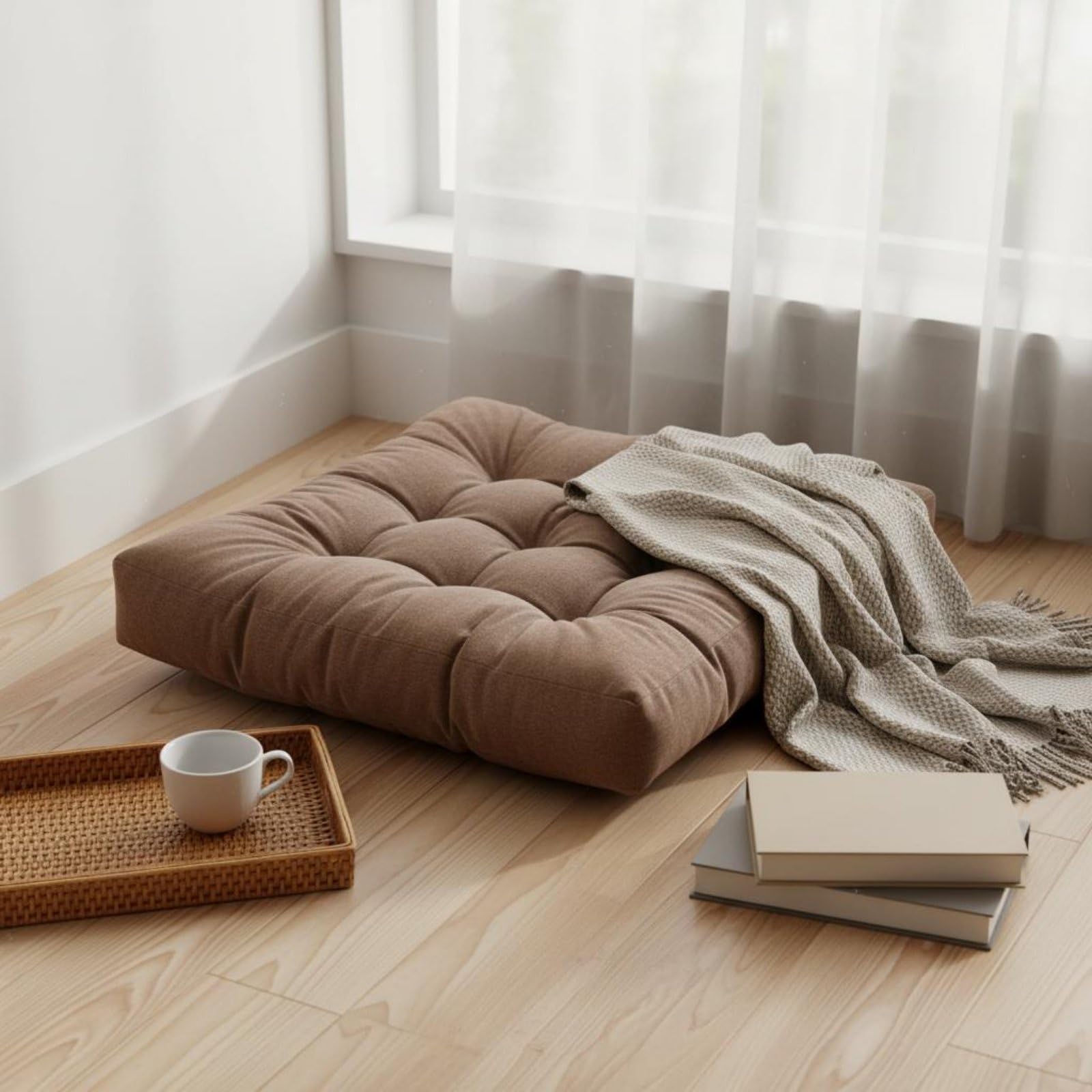 Cuscino per Seduta Corduroy Quadrato Tatami Morbido Tuftato Spesso con Imbottitura Adatto per Angolo Lettura Meditazione Relax Decorazione Casa, Rosso Anguria