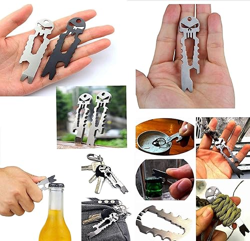 Miniatura 3 de Harlorki 3 PCS Multi-función Cráneo EDC Herramienta Bolsillo de Acero Inoxidable Llavero Abrebotellas