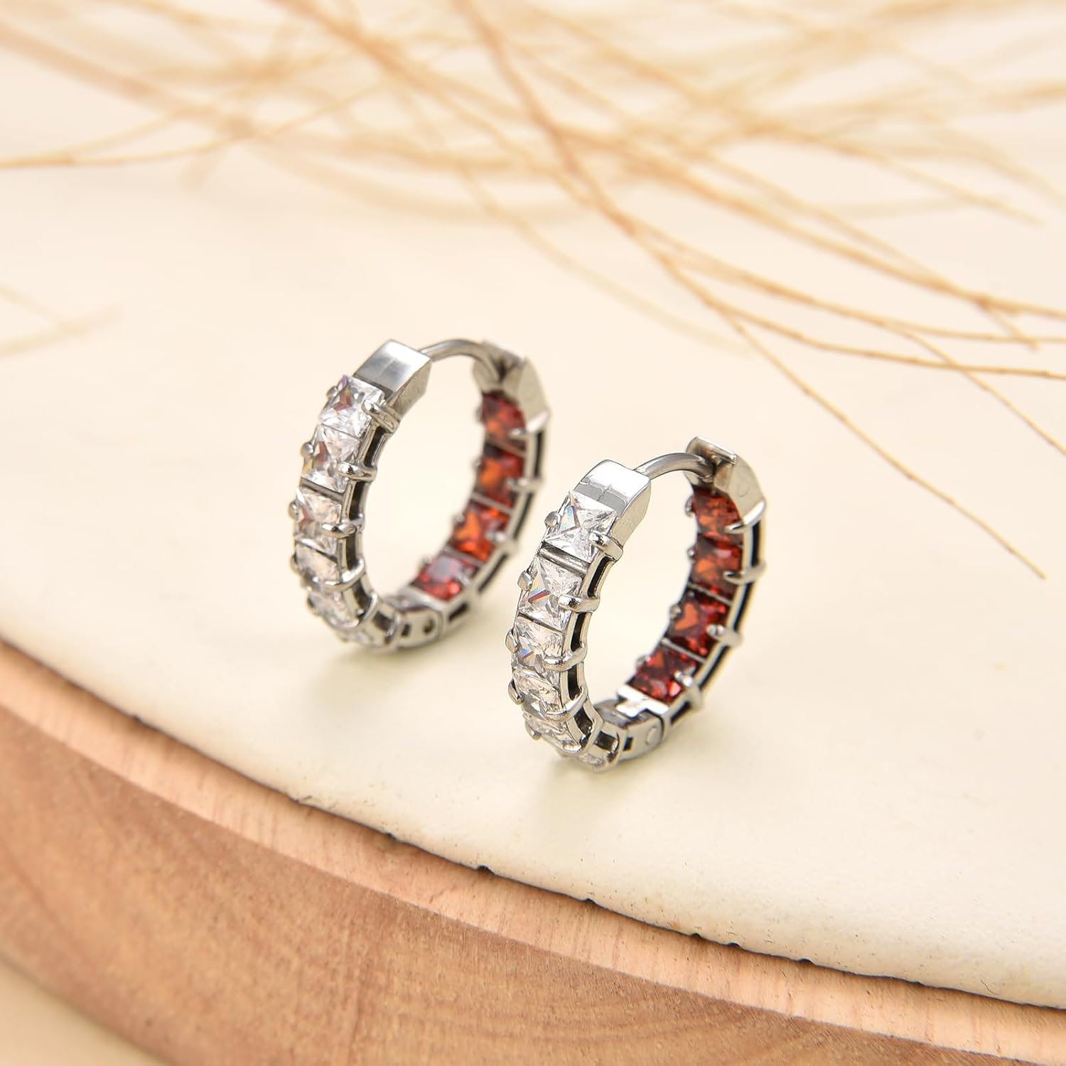 Stainless Steel Inside Out Cubic Zirconia Hoop Earrings, Square Rectangle CZ Triangle Shaped Huggie Earring for Women - Image 3