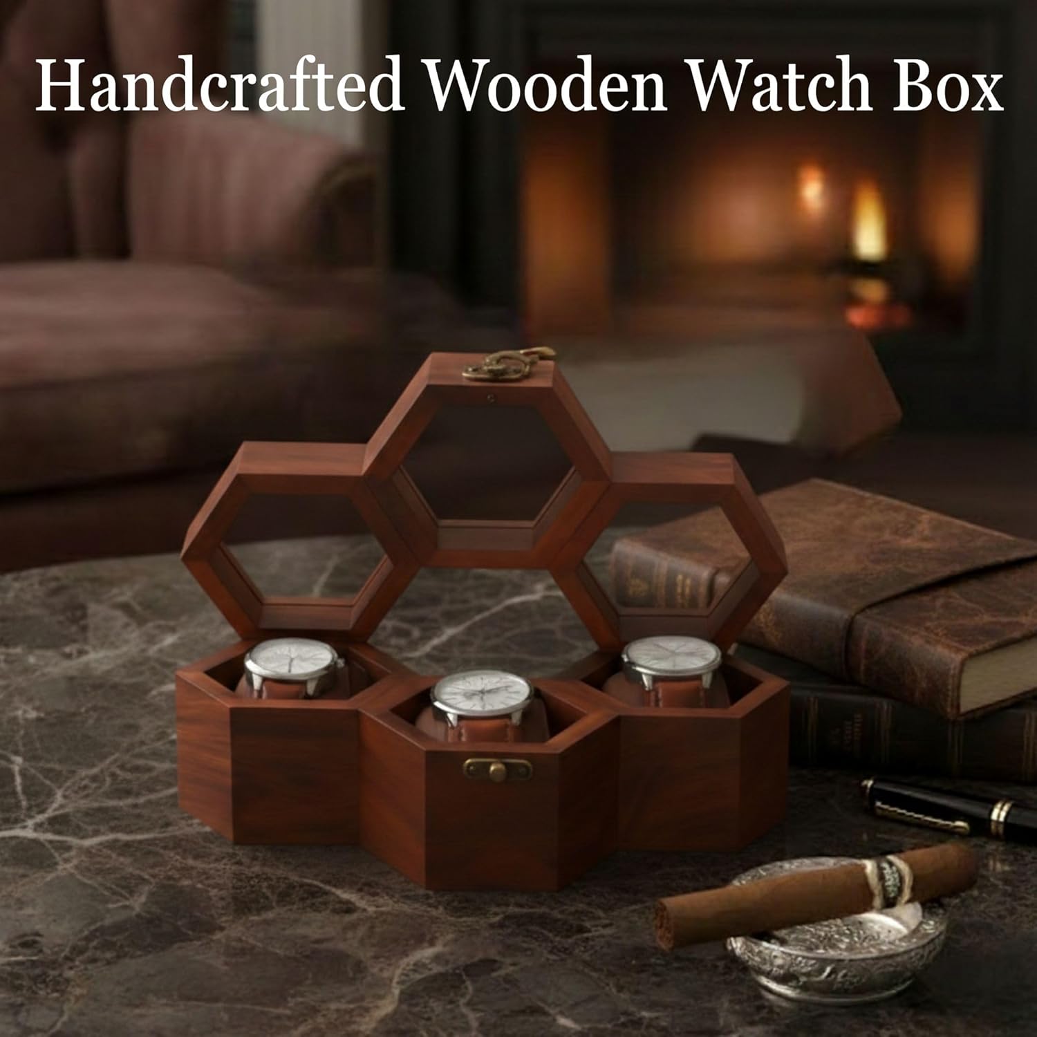 Rosewood Honeycomb Watch Box Display Case Holder Collector Organizer for Men, Men's Vintage Watch Storage Box to Store and Keep your Watches Safe (Slots:- 3)