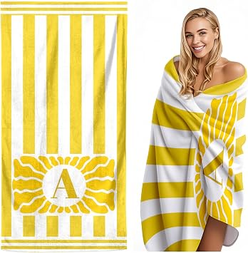Ships Next Day, Made in USA - Personalized Monogrammed Microfiber Custom Beach Towel Beach Towels Custom Gift for Women Kids, Pool Swim Blanket, Summer Vacation Honeymoon Travel Must HavesYellow
