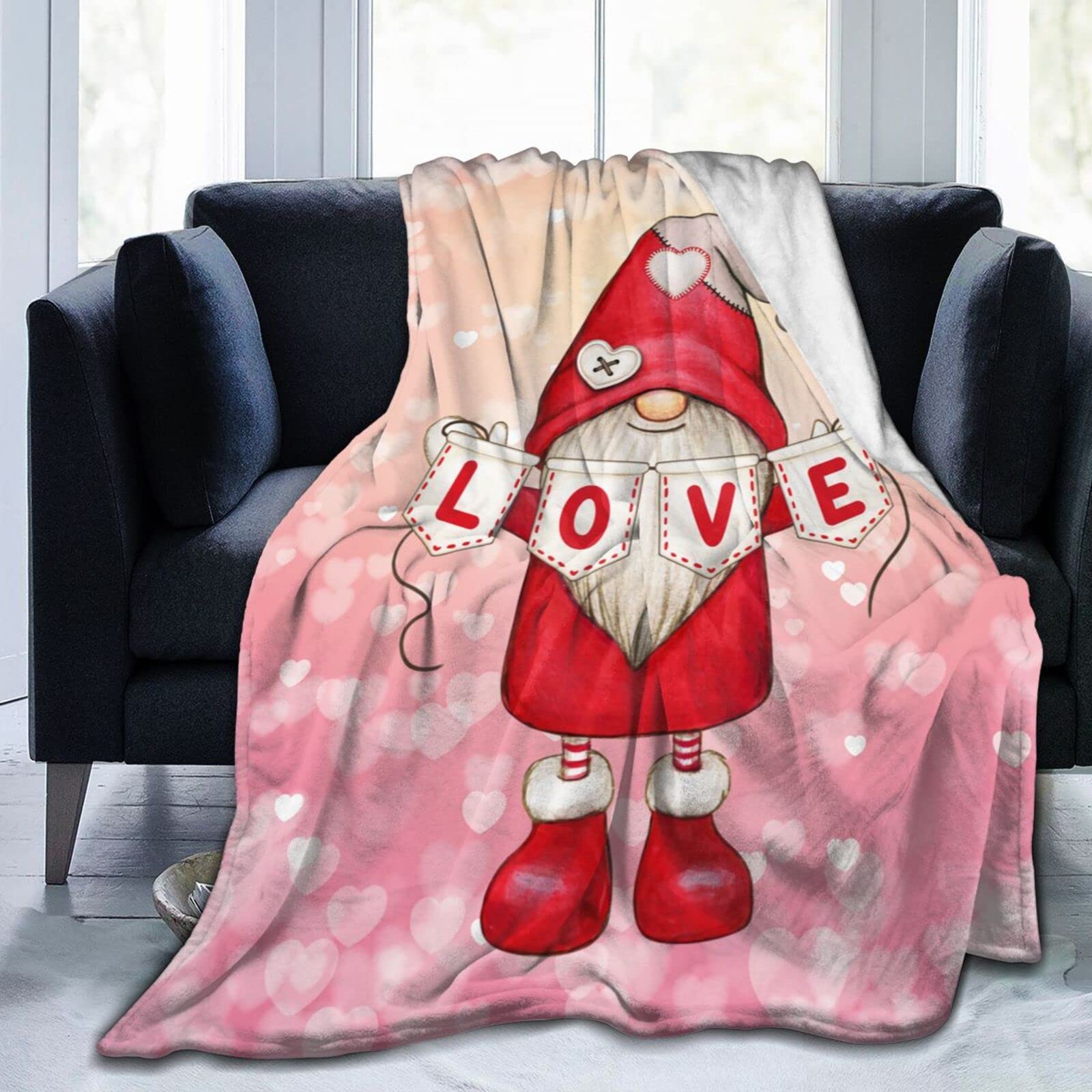 Lsjuee Valentine's Day Gnome Throw Blanket Warm Cozy Lightweight Blankets Romantic Valentine's Day Gift Flannel Blanket for Sofa Couch Bed Office Holiday Decorative 50"X40"