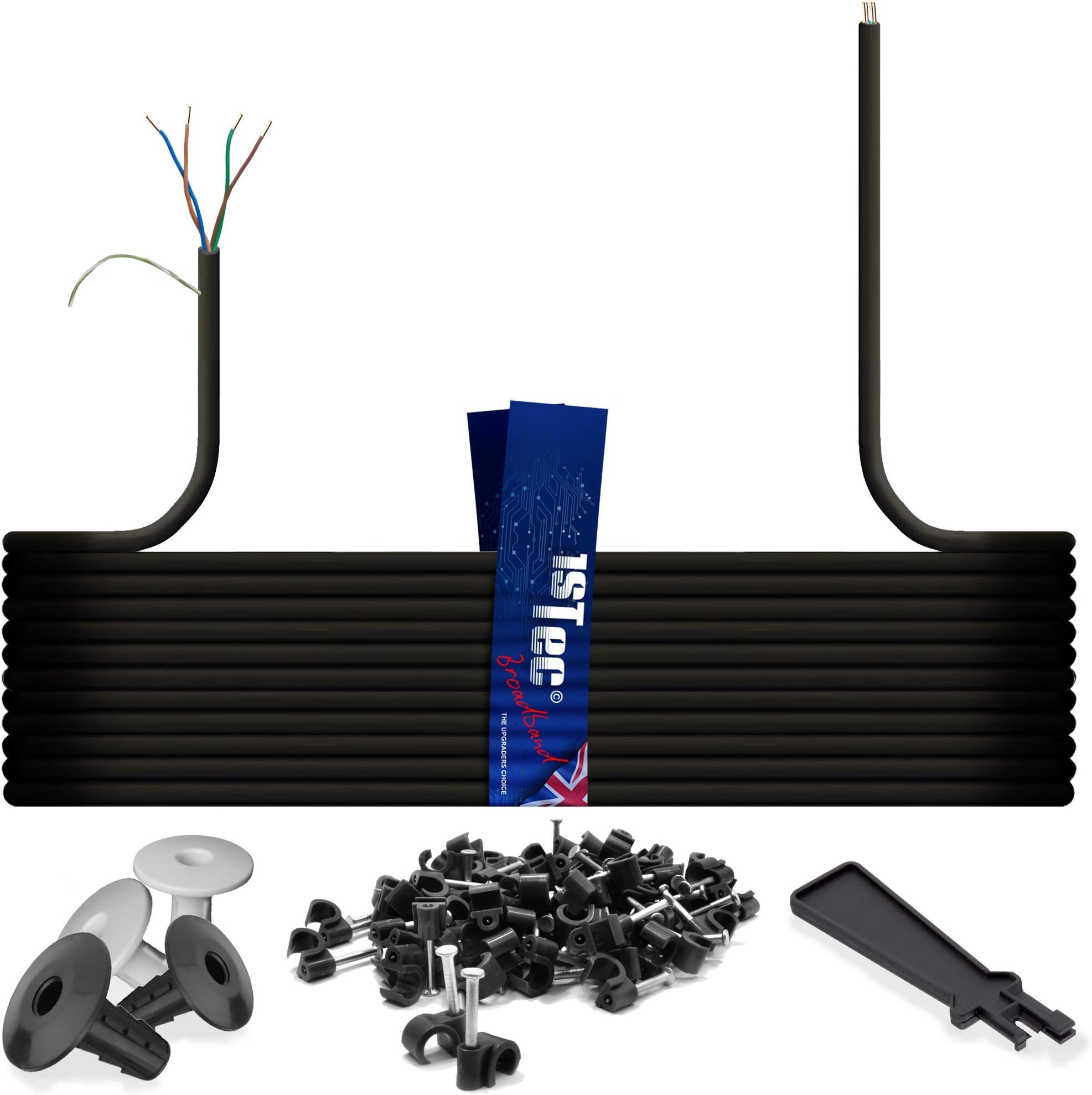 20m of Genuine BT CW1308 4 Core 2 Twisted Pair Telephone or FTTC Broadband Extension Wire + 4 Grommets + IDC Insertion Tool + 4mm Clips + Printed Colour Code Instructions (20 Metre, Black)