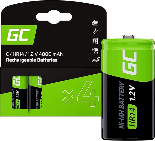 Green Cell 4000 mAh 1,2 V 4 sztuki wstępnie naładowanych akumulatorów Ni-MH C  baterie HR14 R14 (C), natychmiast gotowe do użycia, niski poziom samorozładowania, akumulator do ponownego ładowania, bez efektu pamięci