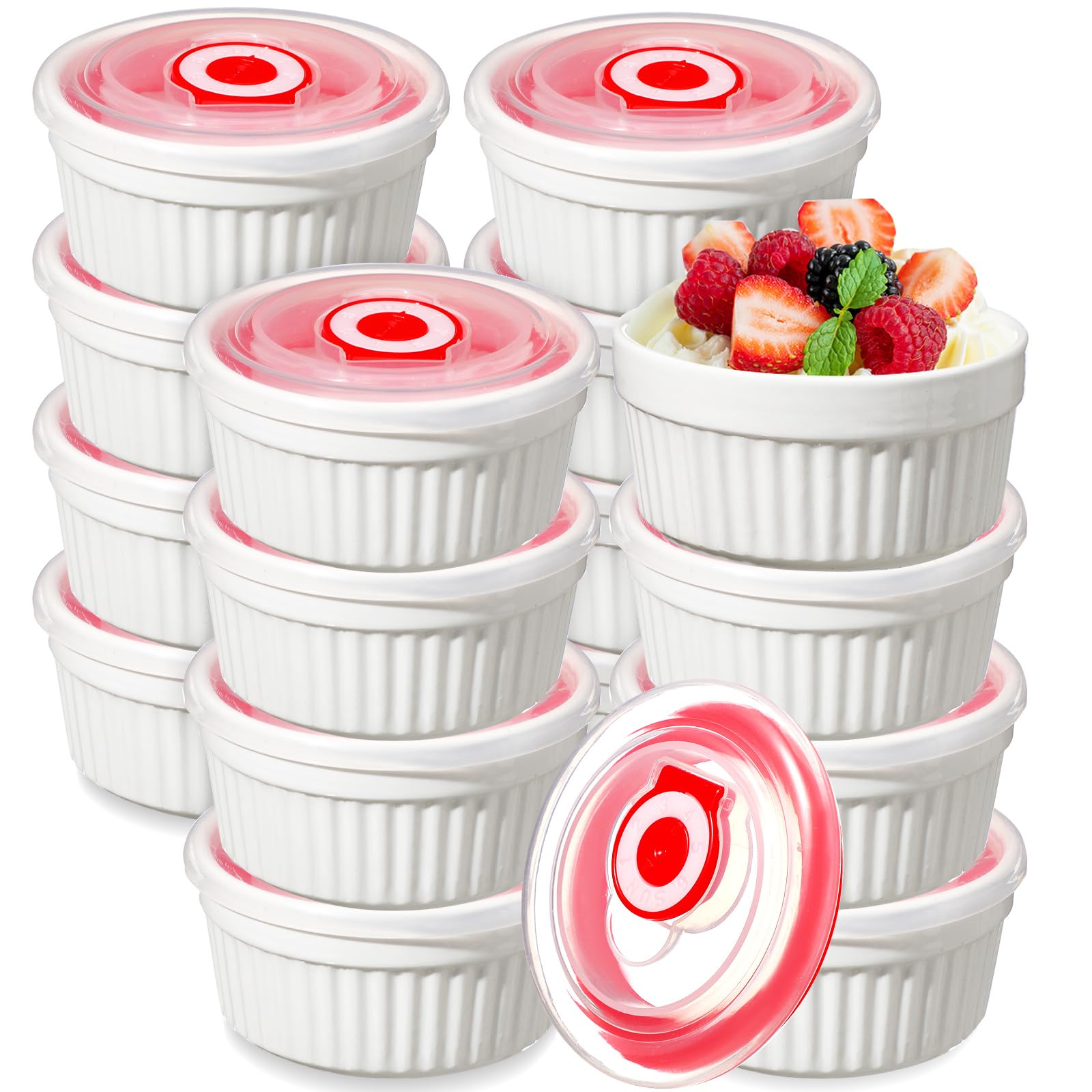 Paquete de 12 ramequines blancos de 6 onzas con tapas, porcelana apta | Cuencos de cerámica para crema brulee, natillas, pudín, platos blancos apilables, aptos para lavavajillas, para hornear