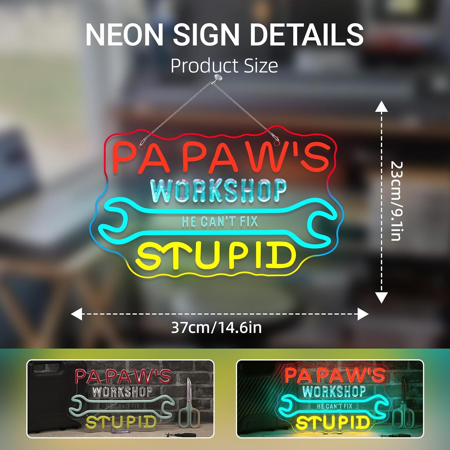 Workshop Neon Sign Garage Neon Signs for Wall Decor Wrench Led Lights He Cant Fix Stupid Light Up for Papas Garage Carport Man Cave Repair Shop Decoration DIY Lovers Gifts