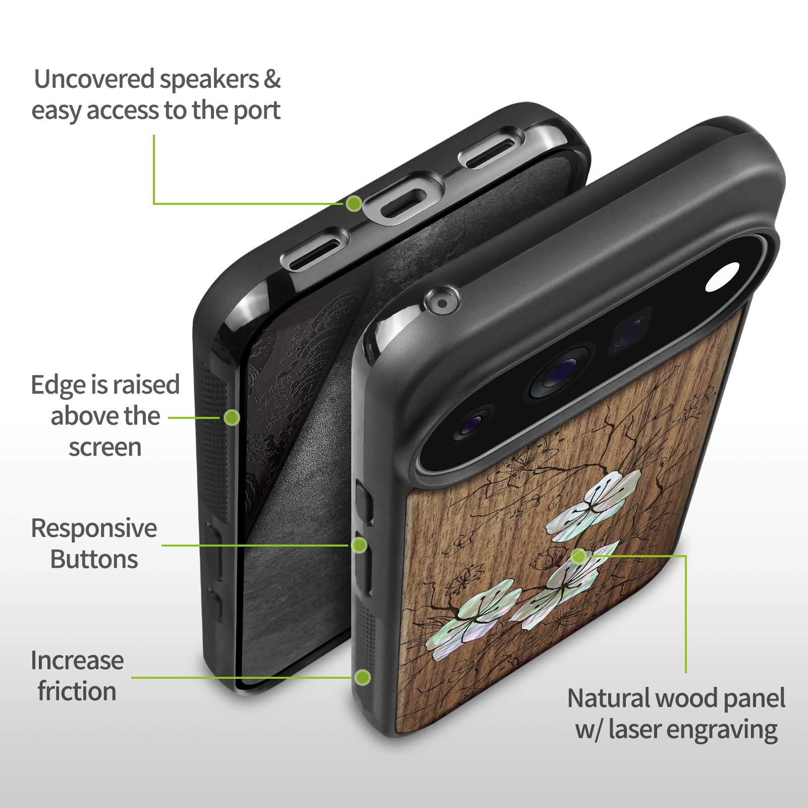 Carveit Madera Funda para Google Pixel 11 Pro (Nogal-Susurros de Sakura)