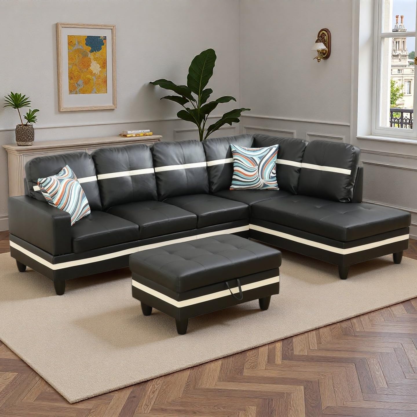 NicBex Sectional Couch 3 Pieces Sofa Set, L-Shaped Modular Couches for Living Room, Furniture Sets with Lounge Chaise & Storage Ottoman, Multi-Scene Use for Apartment & Office, Black+White
