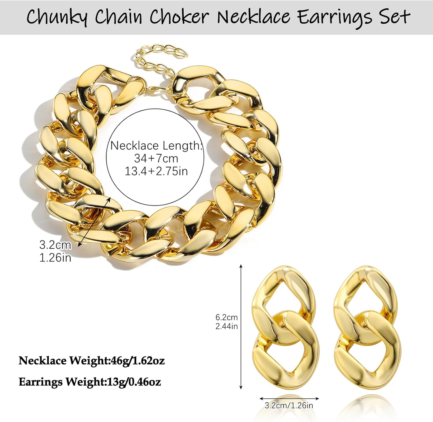 Chunky Chain Choker Necklace Earrings Set for Women,Punk Thick Wide Cuban Link Chain Necklace Hip Hop Link Chain Dangle Drop Earring Fashion Jewelry - Image 7