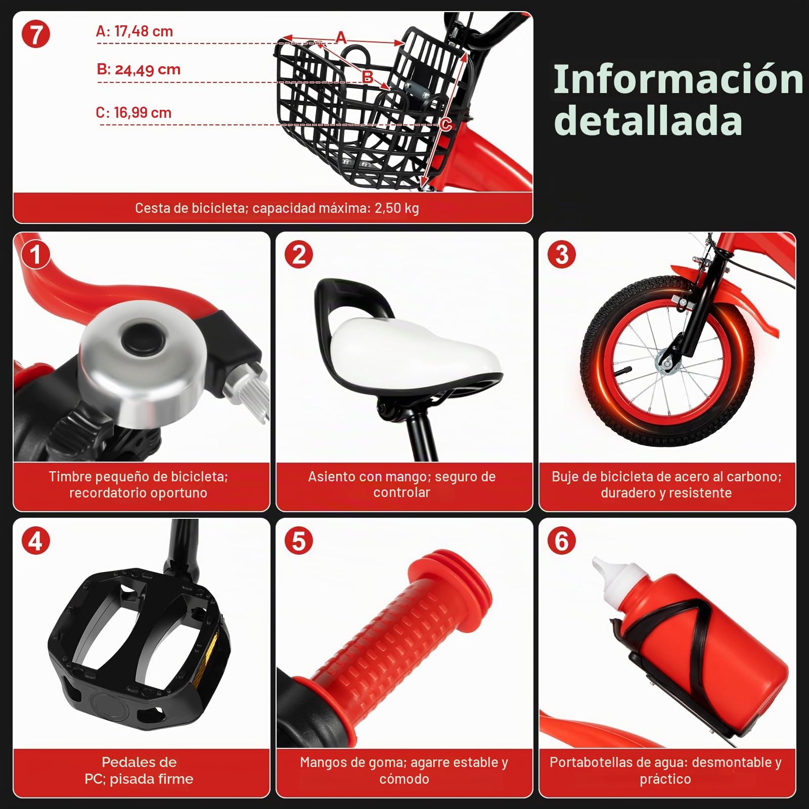 Bicicleta de entrenamiento infantil de 12 pulgadas con ruedas de apoyo para niñas y niños de 2 a 4 años, color rojo