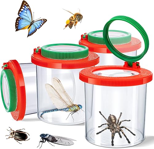 Visor de insectos para niños, 4 piezas de caja de insectos con aumento Kit de atrapa insectos para niños, contenedor de lupa de insectos, kit de