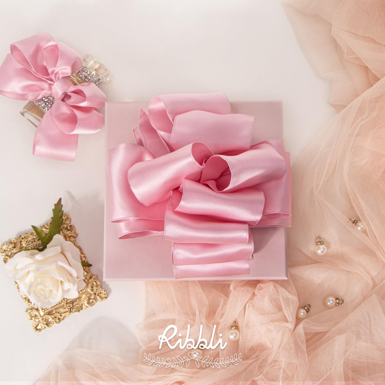 Ribbli Cinta de satén rosa claro de doble cara con alambre de 3,8 cm, cinta de Navidad rosa para envolver regalos, coronas, guirnaldas, decoración del árbol, manualidades, decoración del hogar, 10