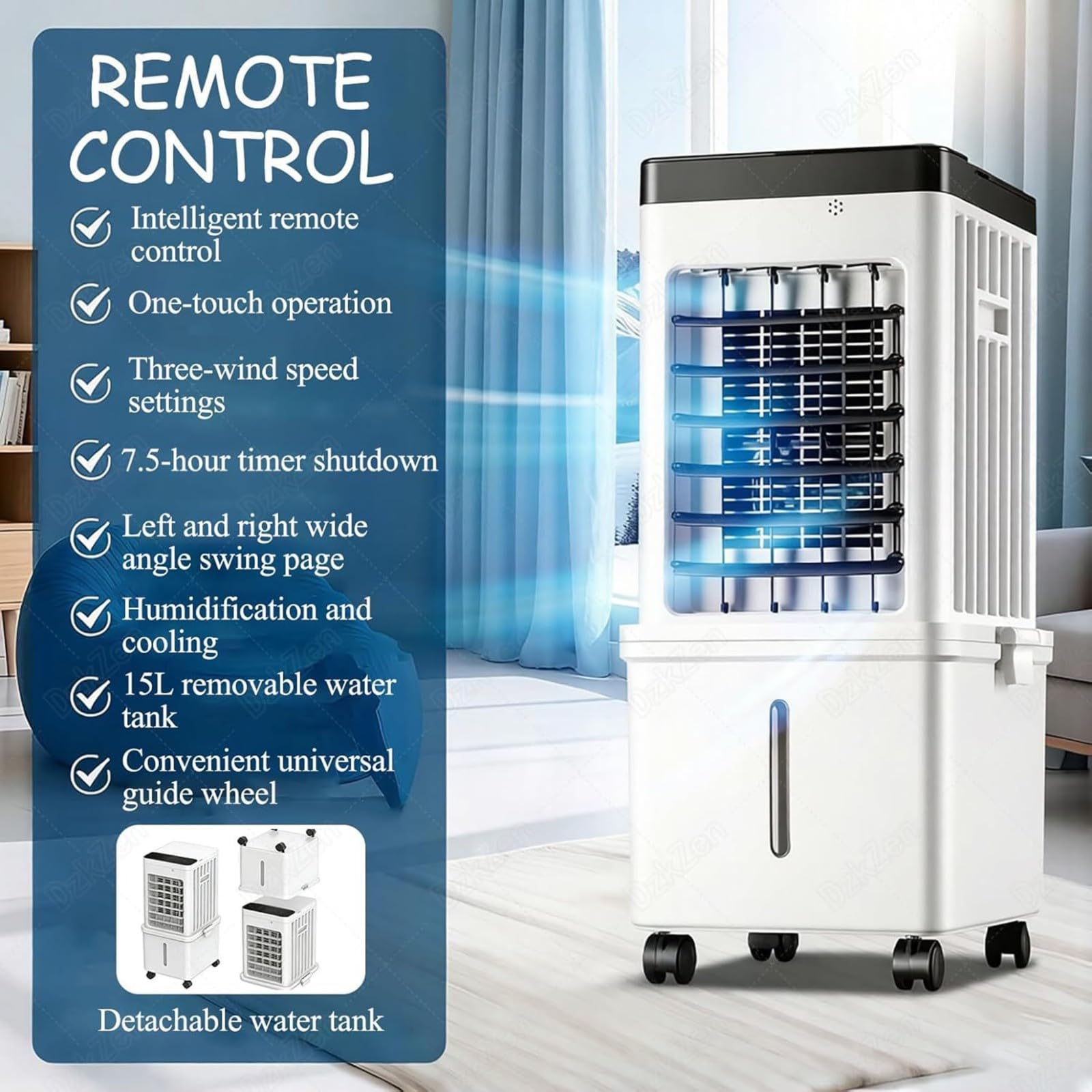 Ventilatore Umidificatore 3 In 1 Raffreddatore d'aria Portatile 60 Cm 15L 3 Velocità 3 Modalità Timer 7,5H Super Risparmio Energetico 4 Ruote Maniglia Condizionatore 'aria Senza Tubo 27*23*60cm