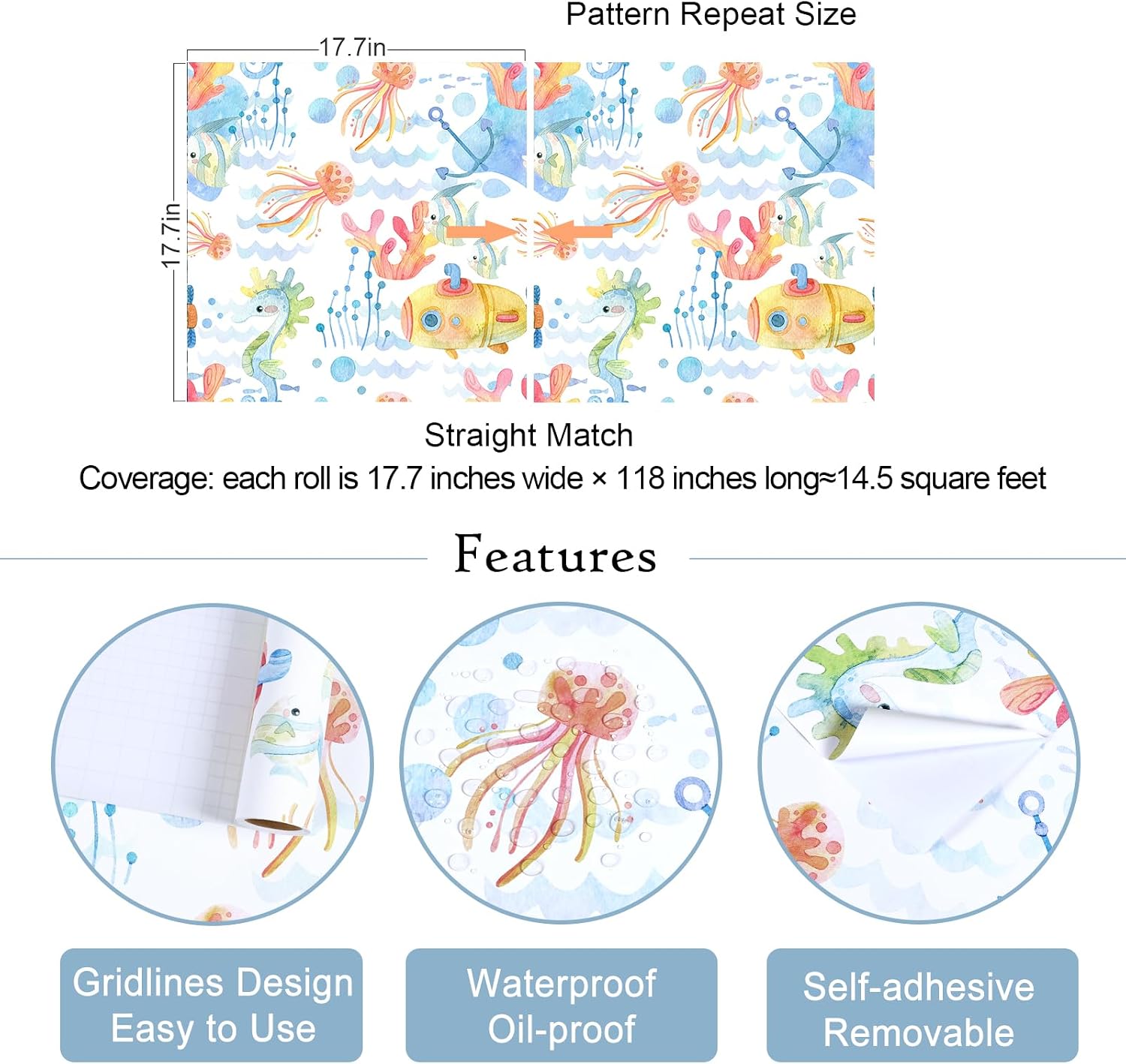 VaryStyle 17.7"x118" Colorful Ocean Wallpaper Watercolor Cute Cartoon Coral Fish Nautical Peel and Stick Wallpaper Underwater Marine Life Contact Paper Removable Vinyl for Kids Bedroom Nursery Cabinet