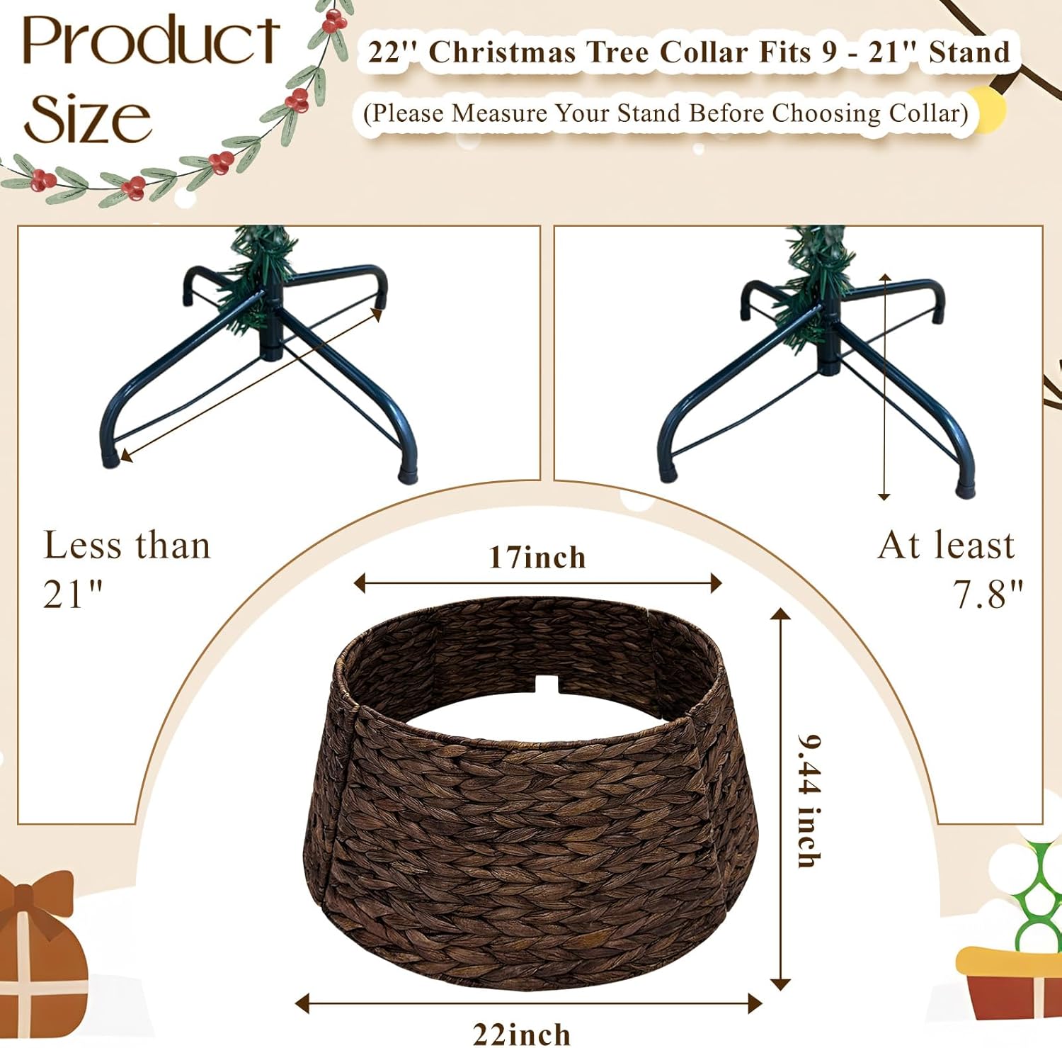 AerWo 22in Christmas Tree Collar - Woven Wicker With Cord Cut-Out, Rustic Handcrafted Skirt for Pencil and Artificial Trees, Easy Storage Ring