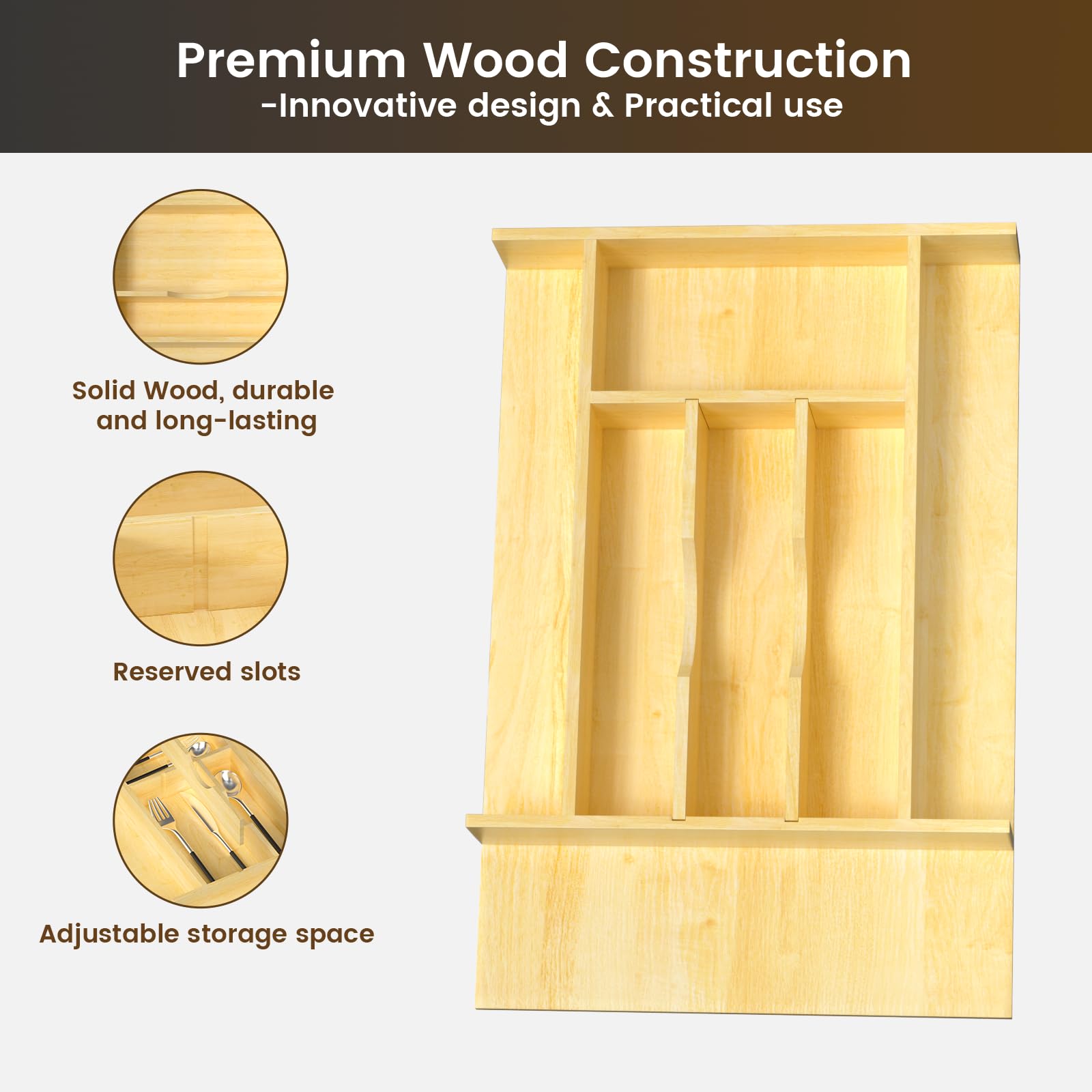 Organizador de cajones de madera con división ajustable para utensilios, cubiertos y cubiertos (33.5 cm de ancho x 49.5 cm de profundidad x 6.3 cm de alto)