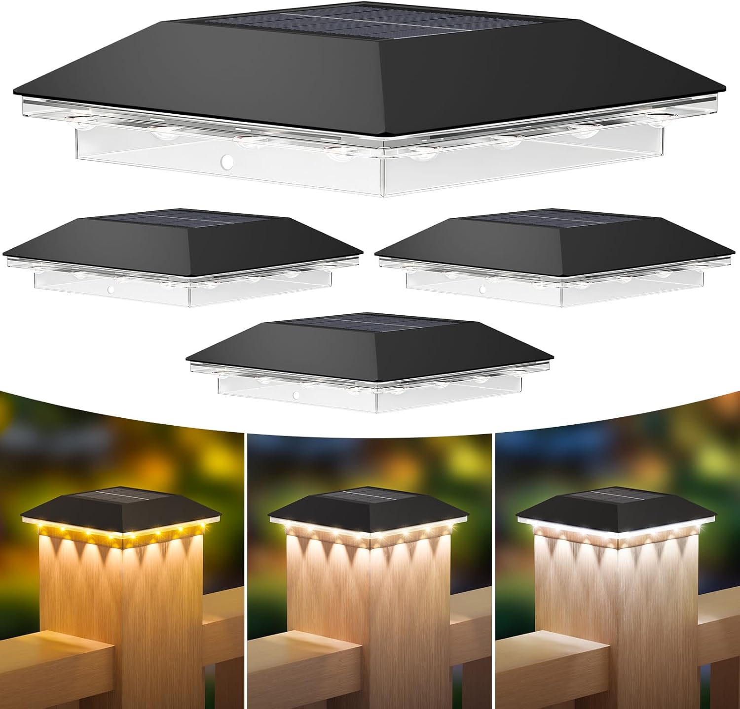 Mlambert 4 Pack Solar Post Cap Lights Outdoor - 3 Lighting Modes Waterproof LED Solar Post Lights Fit 3.5×3.5 Wood/4×4 Vinyl Fence Deck Posts, Black