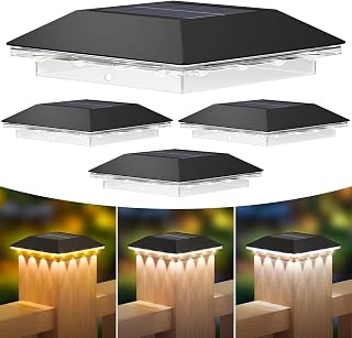 4 Pack 4x4 Solar Post Light, 3 Modes Wooden Vinyl Fence Cap, Black | 3 color temperatures, Waterproof LED Solar Post Lights, Patio Porch Decor, Only Fit Two True Size Post: 3.5''x3.5'', 4''x4''