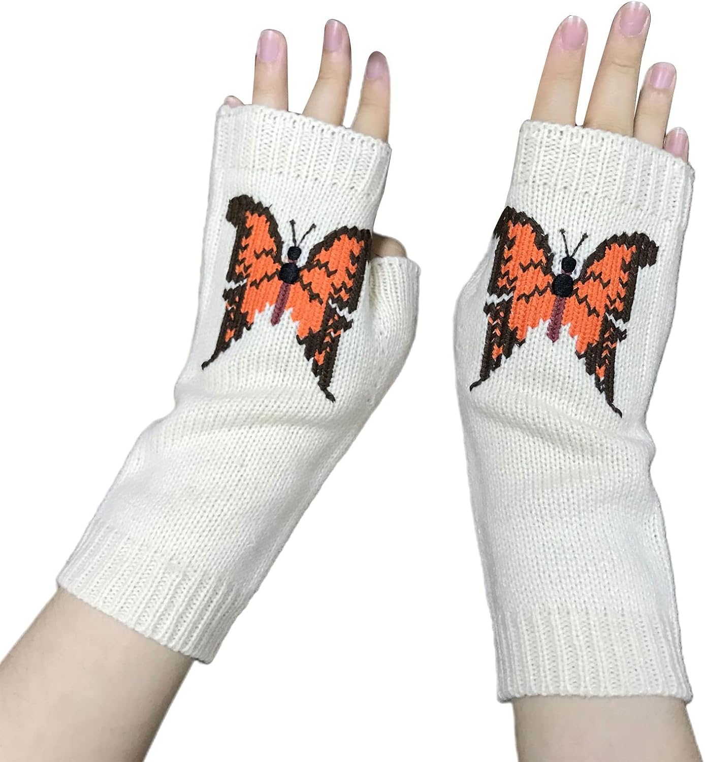 Knitted Gloves Winter Half Finger Mittens Stretchy Embroidery Butterfly For Girls Teens Gift Cycling Autumn Windp