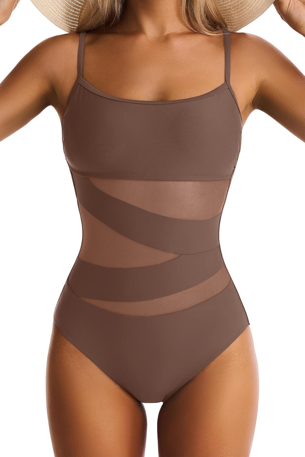 Womens Mesh One Piece Swimsuit Tummy Control Bathing Suit Sexy Push Up Swim Suit Slimming Swimwear