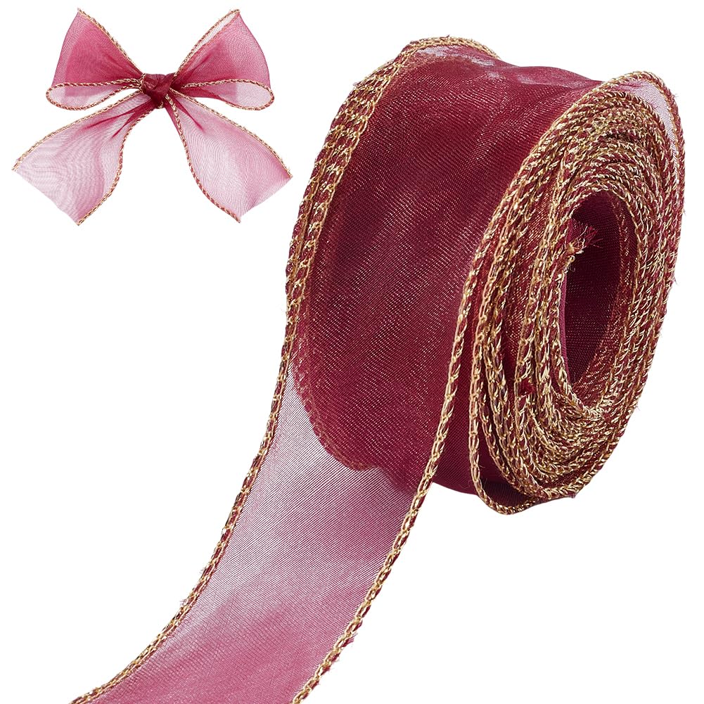 CRASPIRE 1-5/8” Wide Wine Red Gold Wired Organza Ribbon Sheer Tulle Gift Ribbon Handmade Christmas Chiffon Fabric 6.5Yd for Gift Wrapping Wedding Flower Bouquet Wreaths Crafts Hair Bow Party Holiday