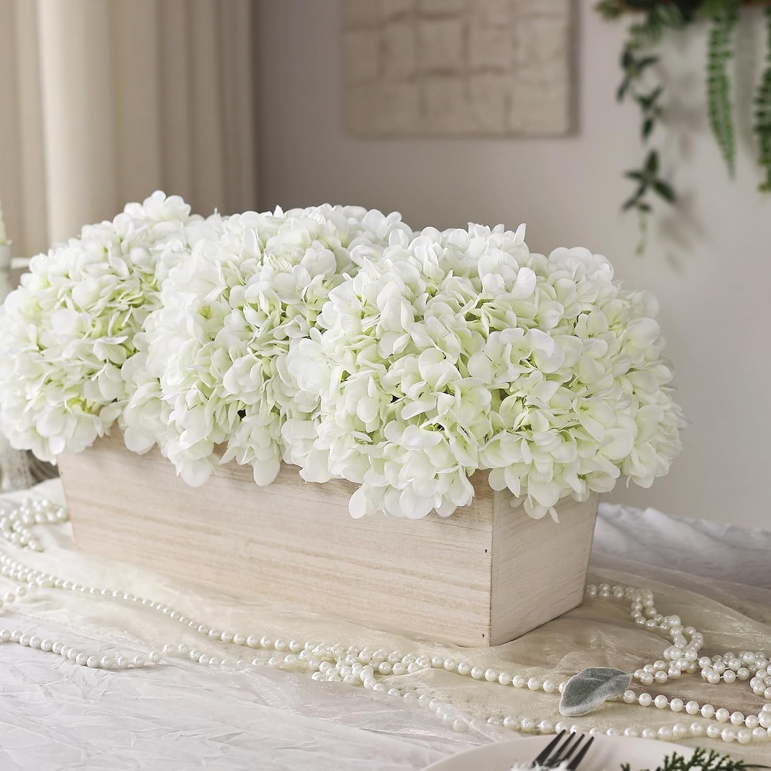 21" Large Artificial Hydrangea Arrangement in Planter for Table Centerpiece, Lifelike Fake Hydrangea Potted Plant, Silk Faux Flowers in Wood Planter for Farmhouse Home Office Shower Decor (White)