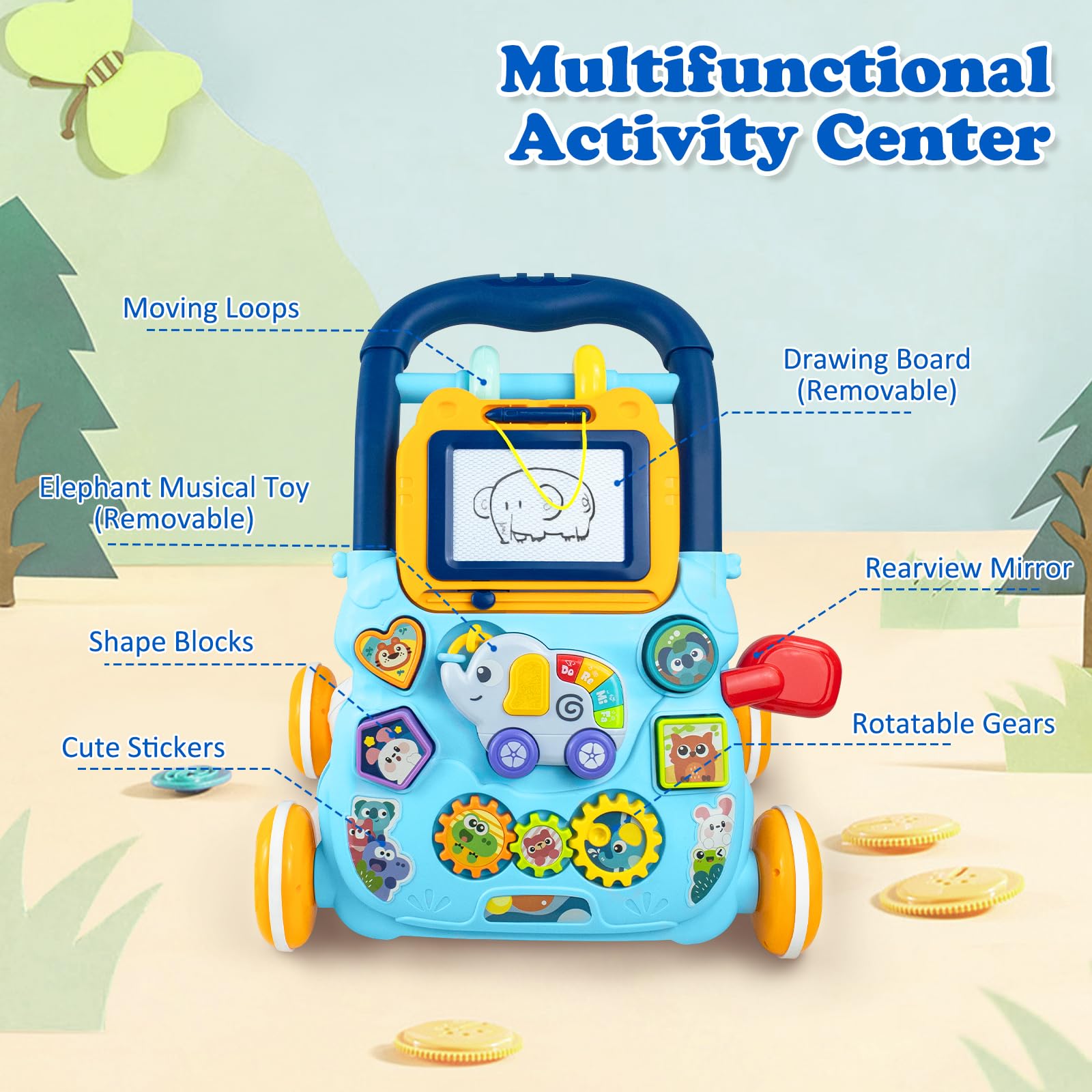 Schiebe und Ziehwagen Spielzeug, 2 In 1 Lauflernhilfe mit Abnehmbares Zeichentafel, Frühpädagogisches Aktivitätszentrum für Mädchen Jungen, Multifunktionale Spieltafel für Kinder 12M+ (Blau)