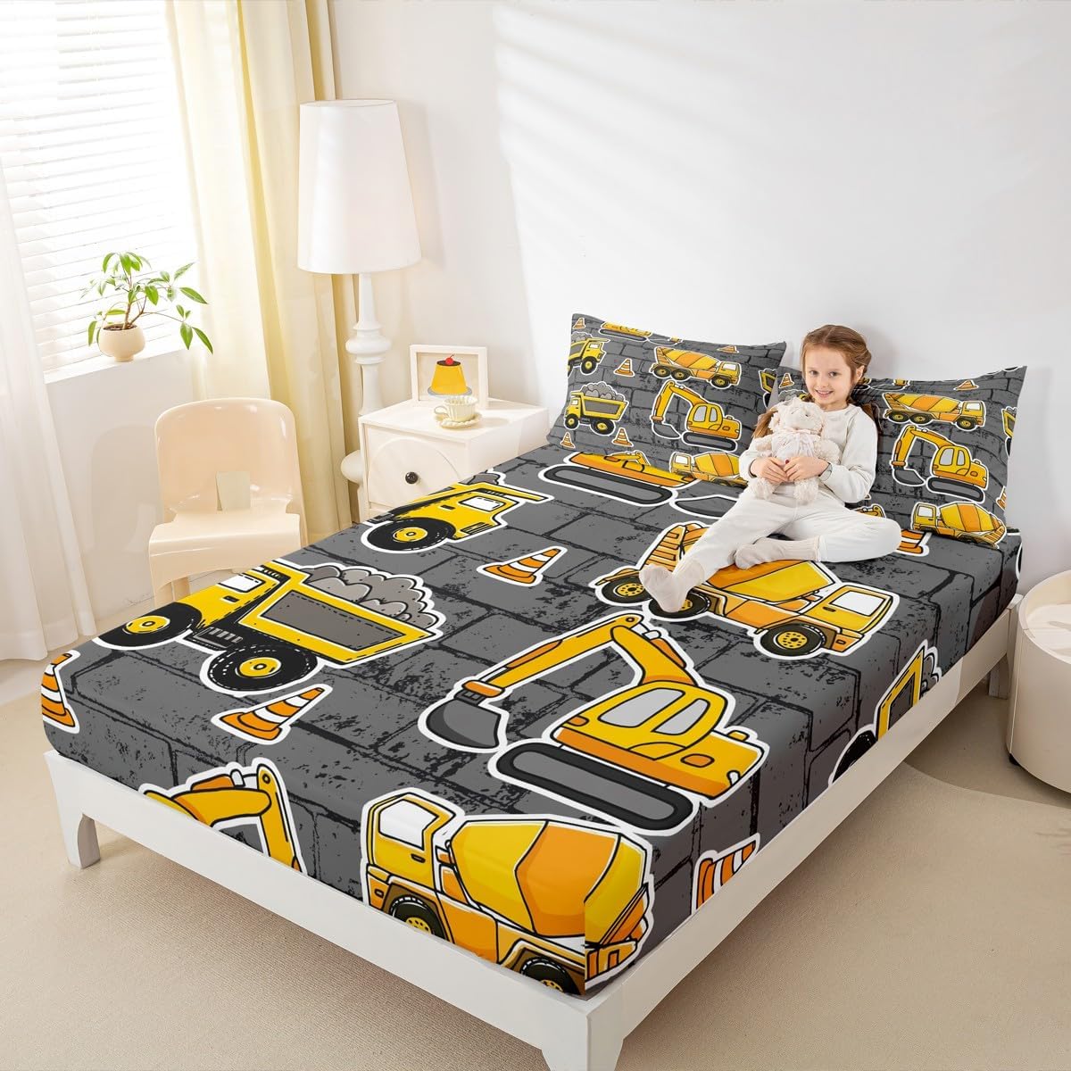Erosebridal Boys Excavator Bedding Set Twin Size, Tractor Truck Fitted Sheet for Kids Child Girls Teens Bedroom, Construction Vehicle Crane Bed Set Blender Gray Wall Cartoon Bed Cover, Grey Yellow