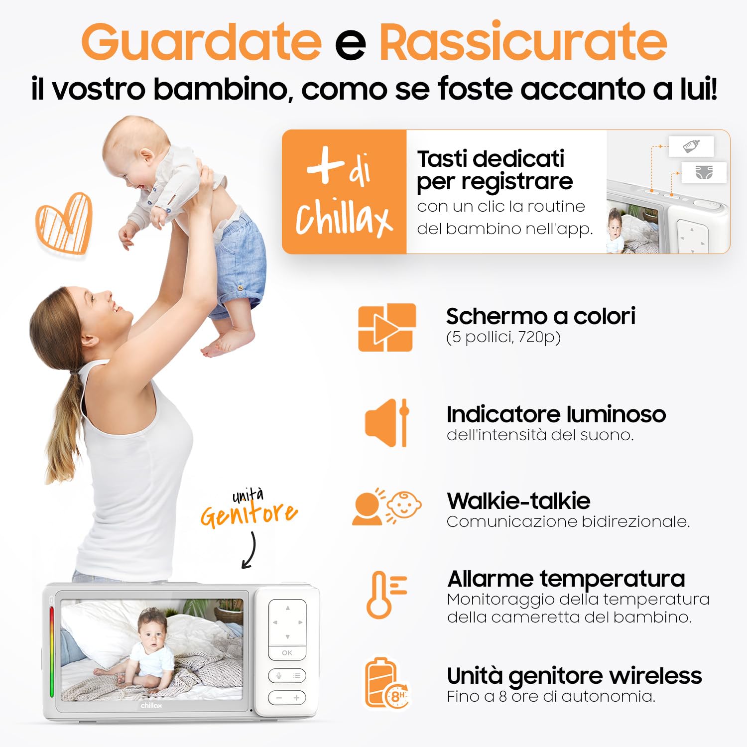 CHILLAX - Baby monitor Video Giraffe Clip - LCD HD 5'' - Camera Full HD 1080p - Asta flessibile - Visione notturna - WalkieTalkie - WiFi On/Off - Ninnenanne - Allarme sonoro e di movimento - App