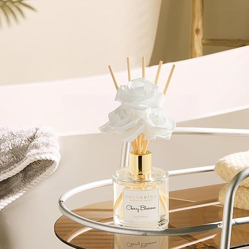 Miniatura 2 de COCORRÍNA juego de difusor con varillas, 6.7 fl oz (200ml) con aroma a flores de cerezo, con 3 flores de espuma de rosa blanca y varillas de