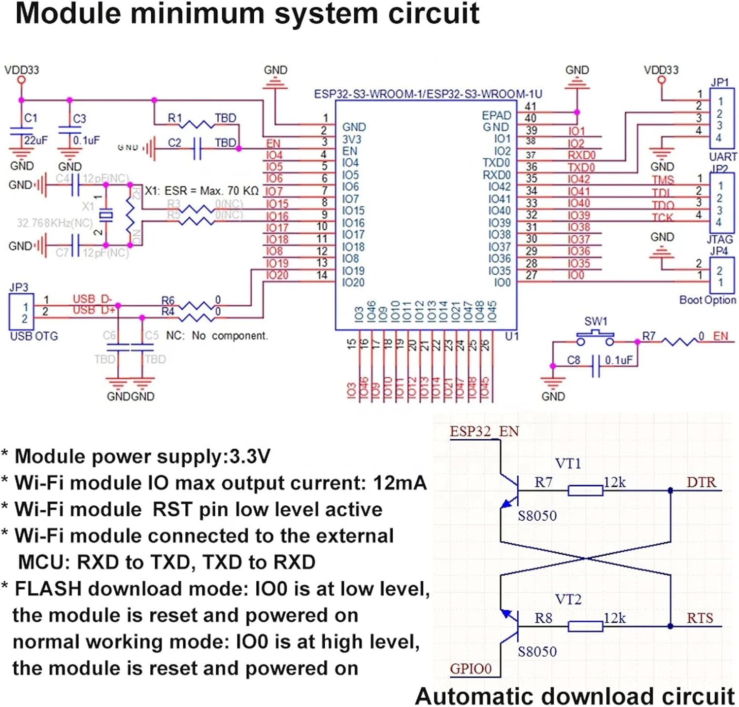 Module minimum system circuit diagram for ESP32-S3-WROOM-1