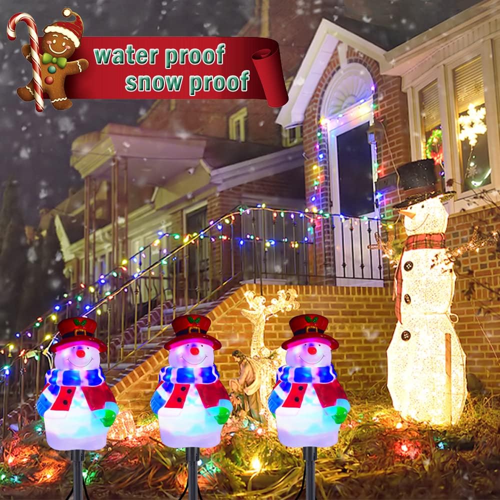 Christmas Pathway Lights Outdoor Decoration with Rotating Light Cute 3D 3-in-1 Snowman Walkway Light Waterproof Snowproof Christmas Garden Stakes Landscape Lights for Indoor, Outdoor, Yard, Patio