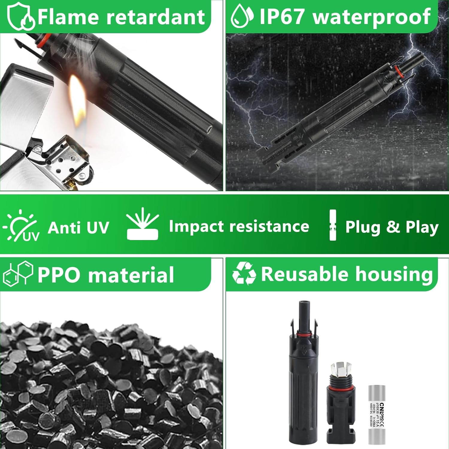 CNLonQ 15A Solar Fuse Holder with 10pcs gPV Fuse Link 15A Inline IP67 Waterproof Outdoor with 10x38mm Fuse For Solar Panel and Solar Controller DC1000V 5pcs