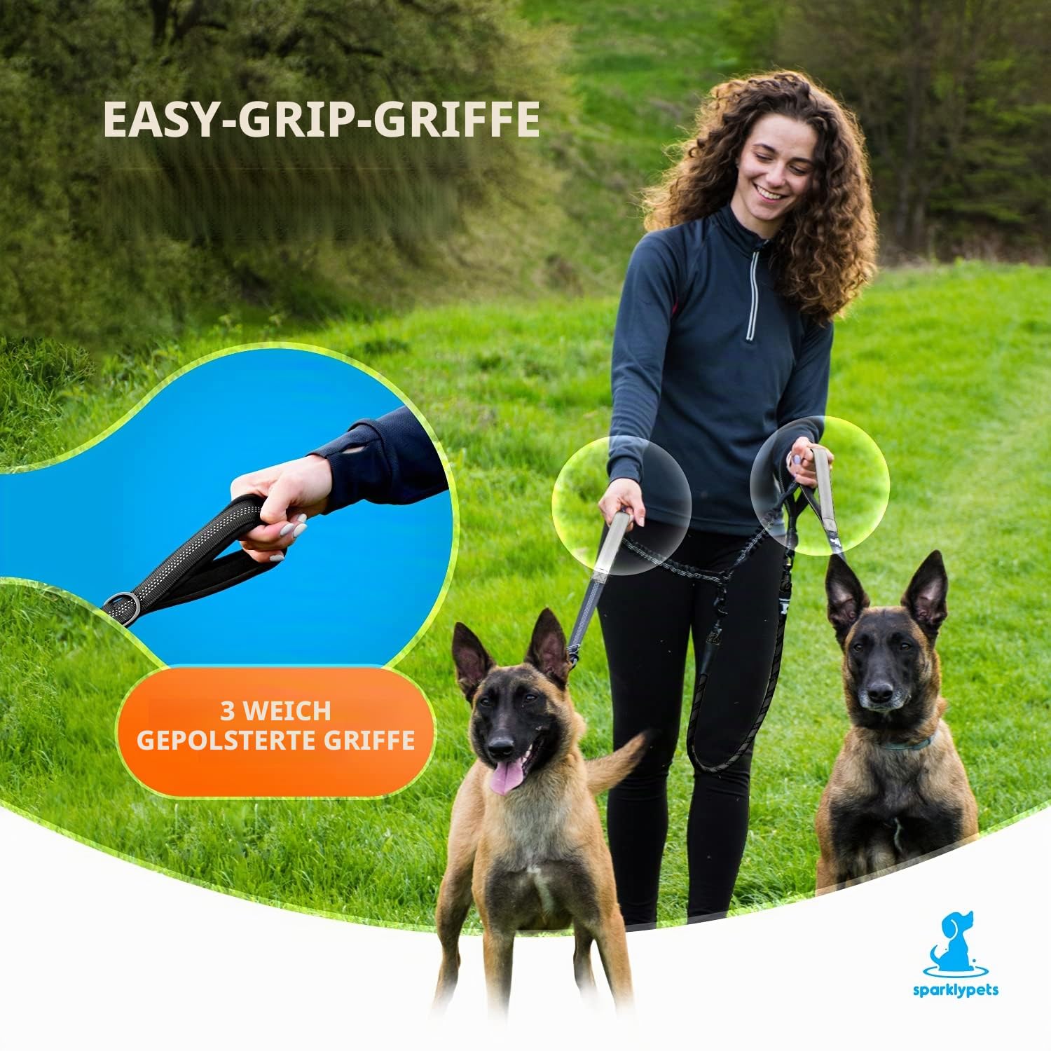 Hundeleine für 2 Hunde mit Bungee Verlängerung für Große und Mittelgroße Hunde mit Ruckdämpfer | Reflektierende Elastische Hundeleine zum Spazierengehen (Schwarz)