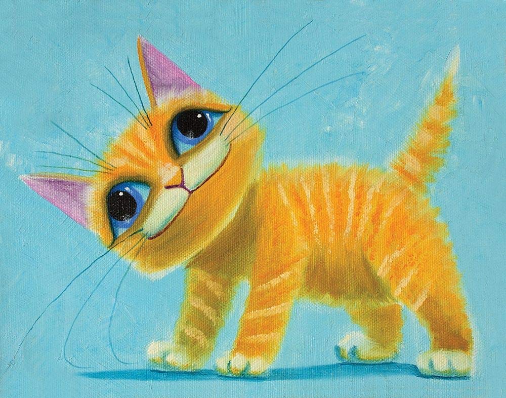 ART-CANVAS-stretched-on-WOODEN -BARS Happy Tabby Leov K - Animals horizontal image cat painting kids Fine art print 23_X_29_in