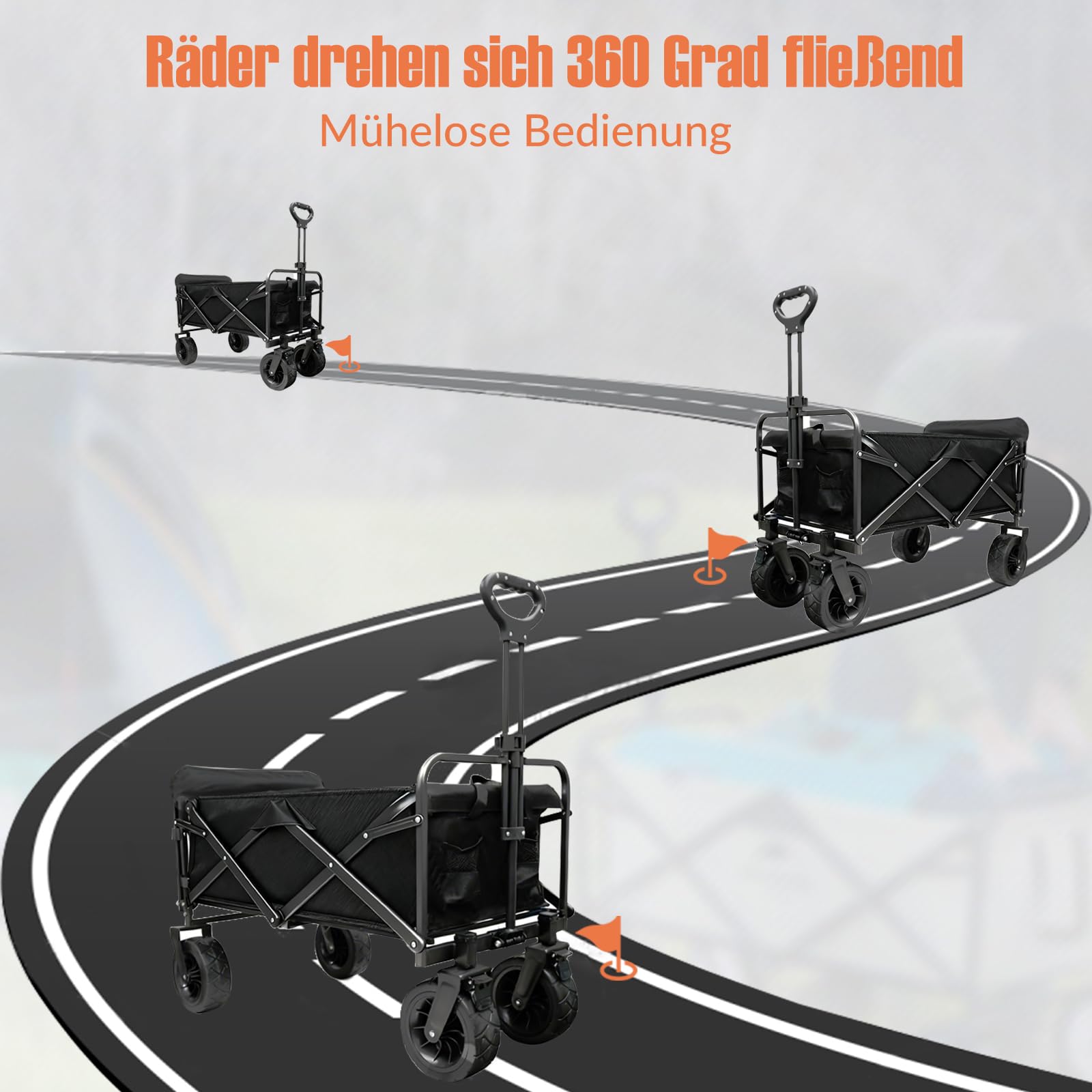 Sanycasa Bollerwagen faltbar 250L 200KG Tragkraft Gelände Strand geeingenet Bollerwagen mit Bremsen robuster verstellbarer Griff mit Transporttasche, Extra Länge mit klappbarem Heckfenster, Schwarz
