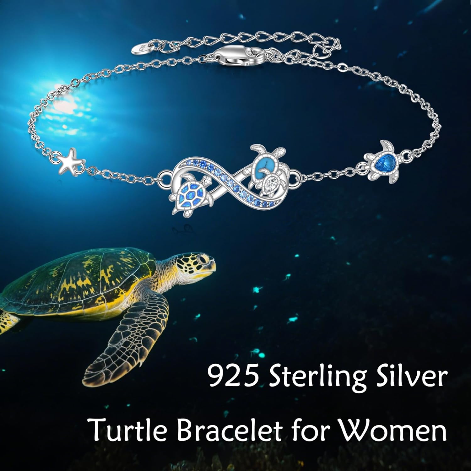 YAFEINI Sea Turtle Bracelet 925 Sterling Silver Blue Opal Anklet Bracelet Turtle Jewelry Gifts for Women Mom - Image 6