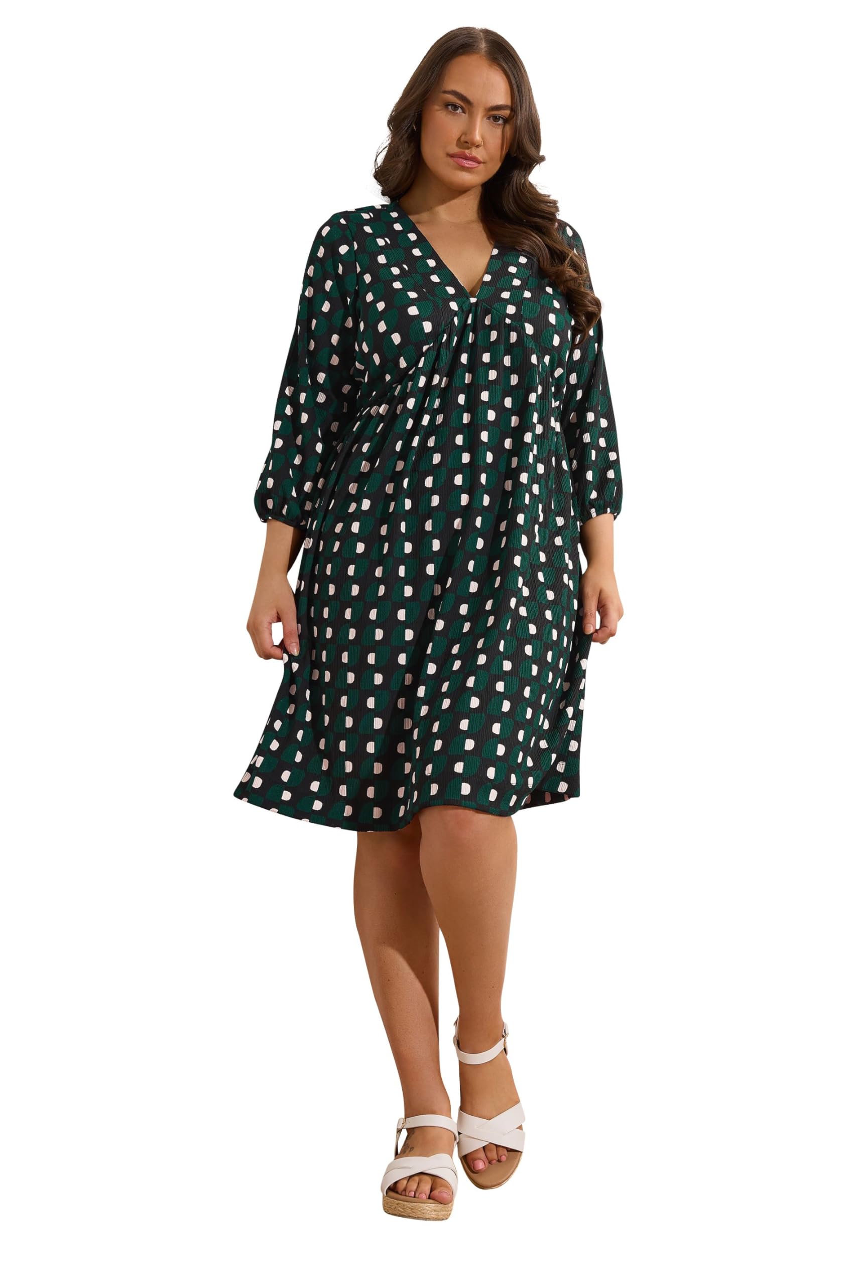 Evans Women's Midi Dress - V-Neck - Geometric Print - Long Balloon Sleeves - Dark Green - Size 18